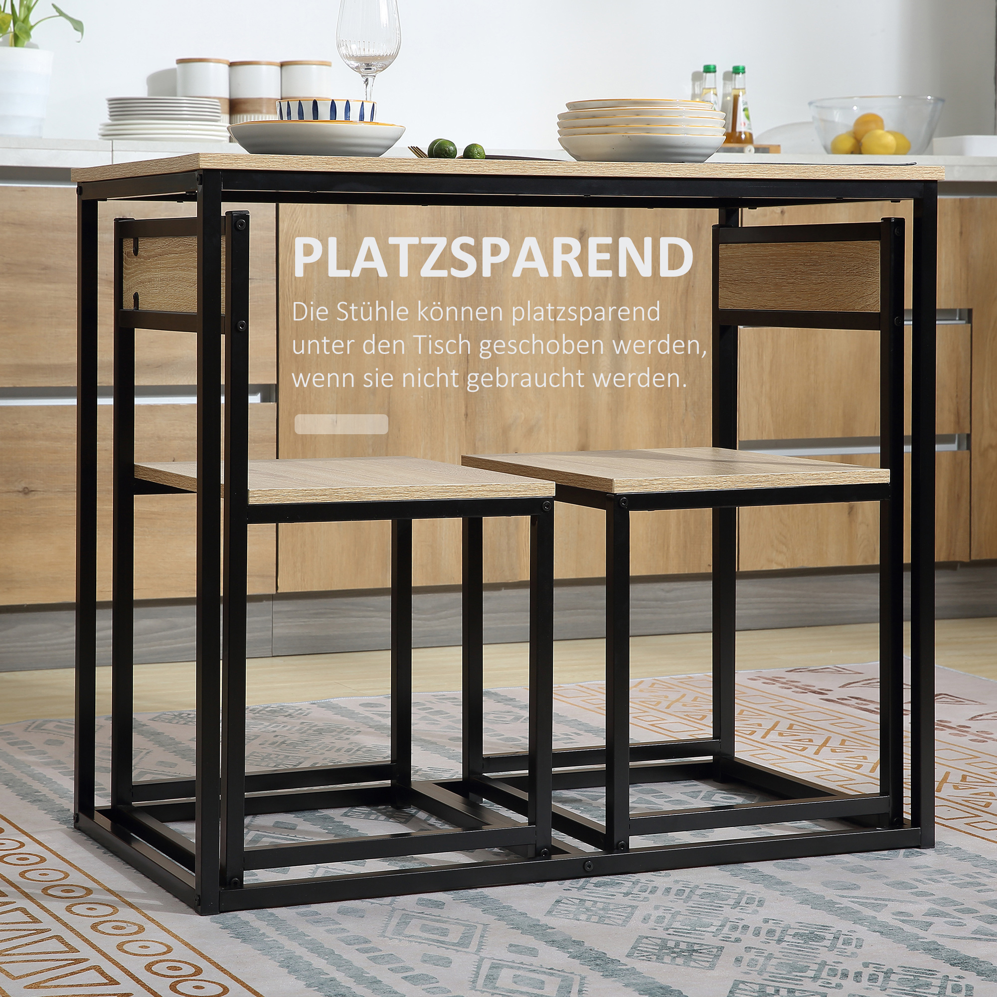 Esstisch-Set mit 2 Stühlen, Kompaktes Set aus Tisch und Stühlen für Esszimmer, Wohnzimmer, Küche, mit Metallrahmen