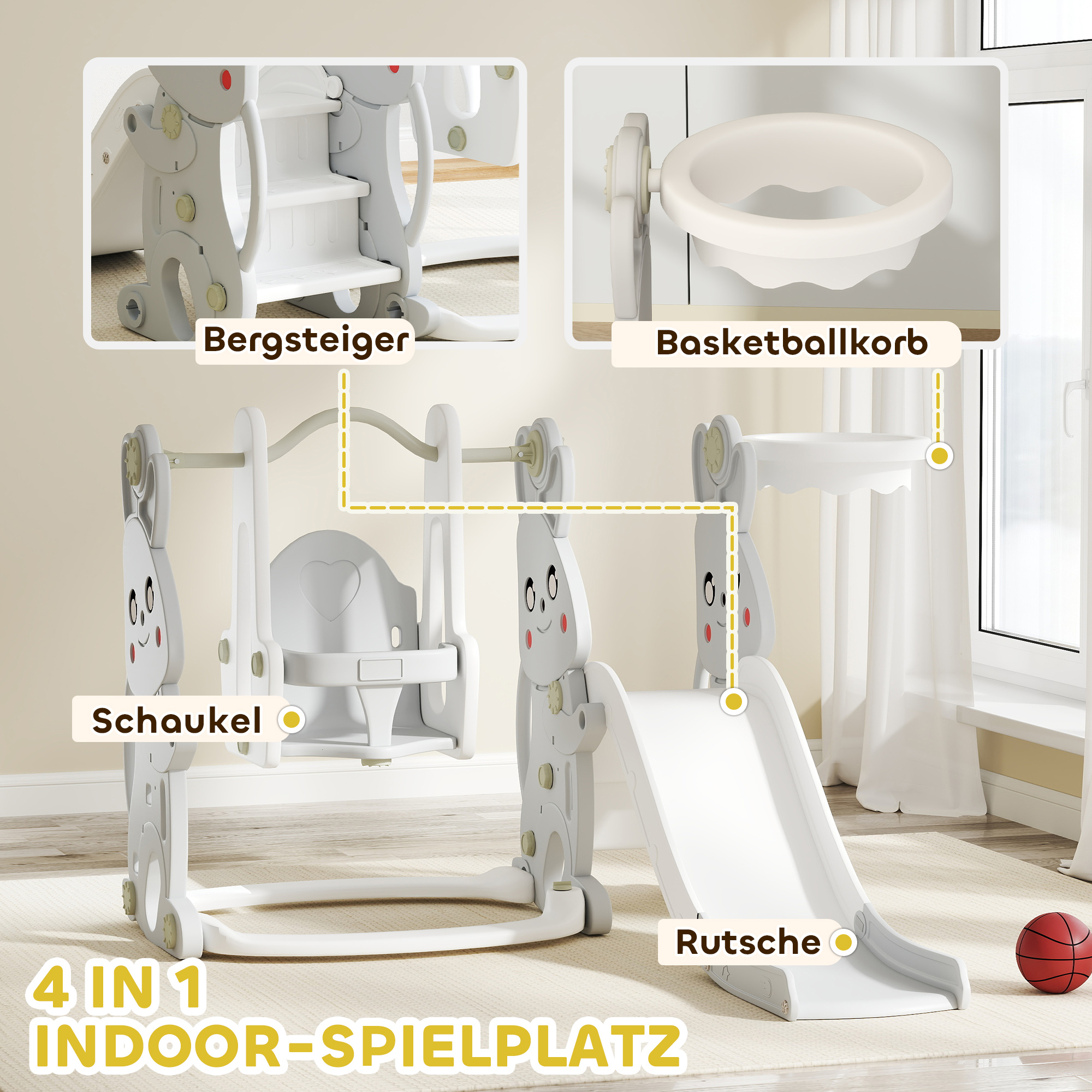 4-in-1 Spielset für Kleinkinder, Rutsche, Schaukel, Klettergerüst, Basketballkorb, Kunststoff, Hasendesign, Grau