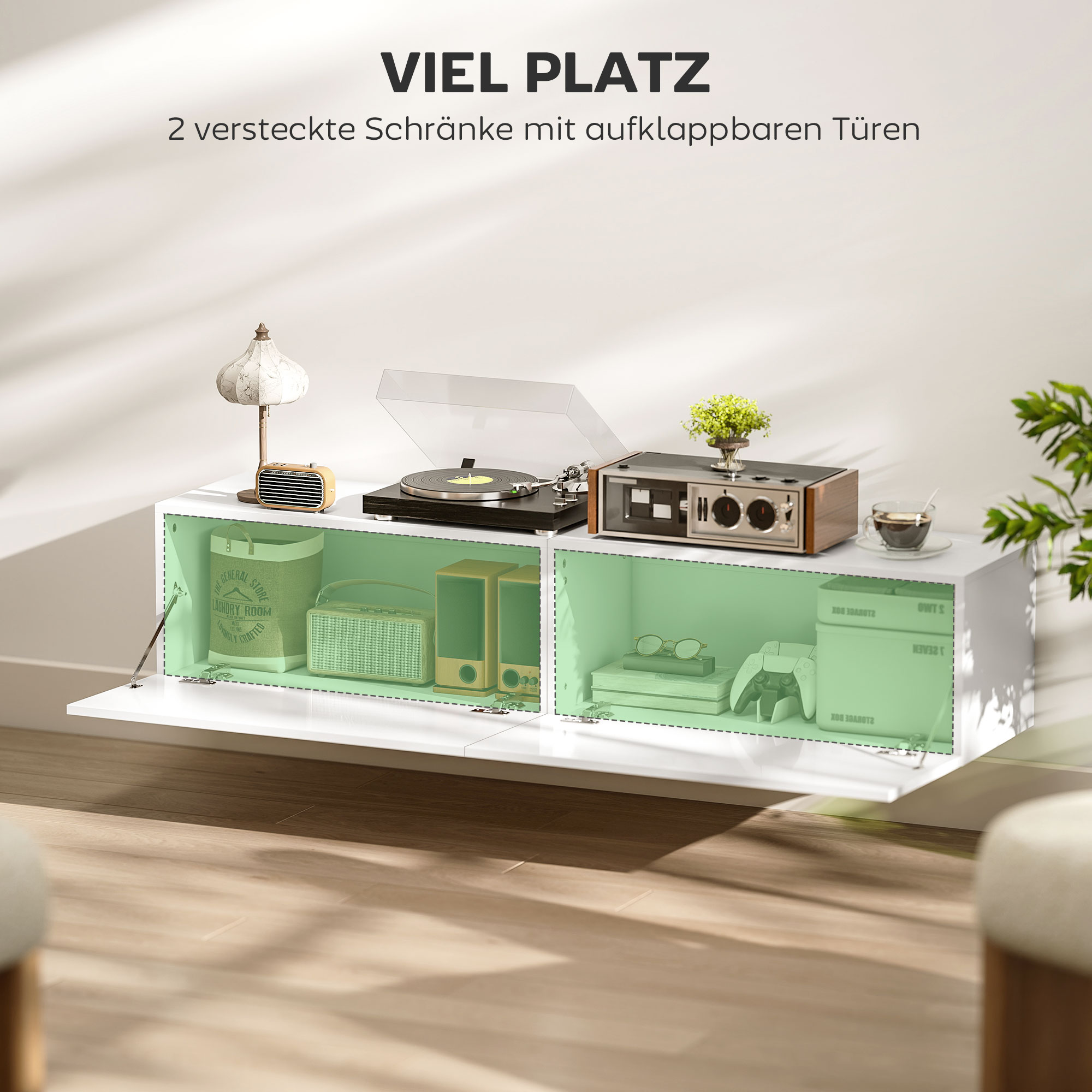 Wandmontierter TV-Schrank, schwebende TV-Kommode mit viel Ablagefläche und Stauraum, Spanplatte, Weiß