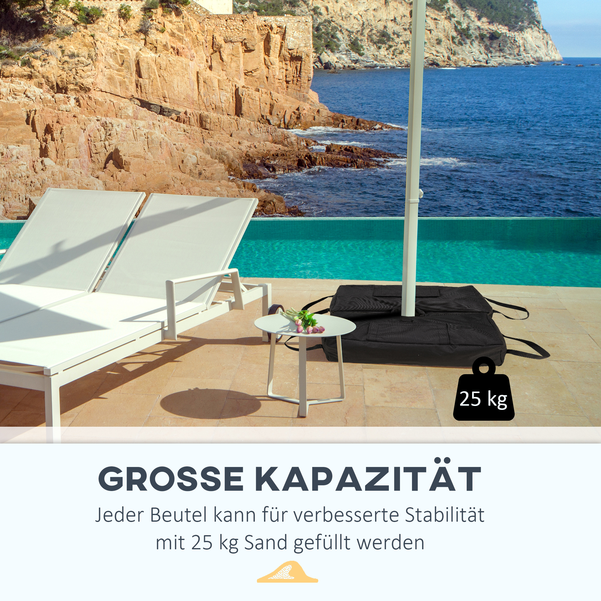 Sonnenschirmständer, faltbar, tragbar, befüllbar mit bis zu 50 kg Sand, Schwarz