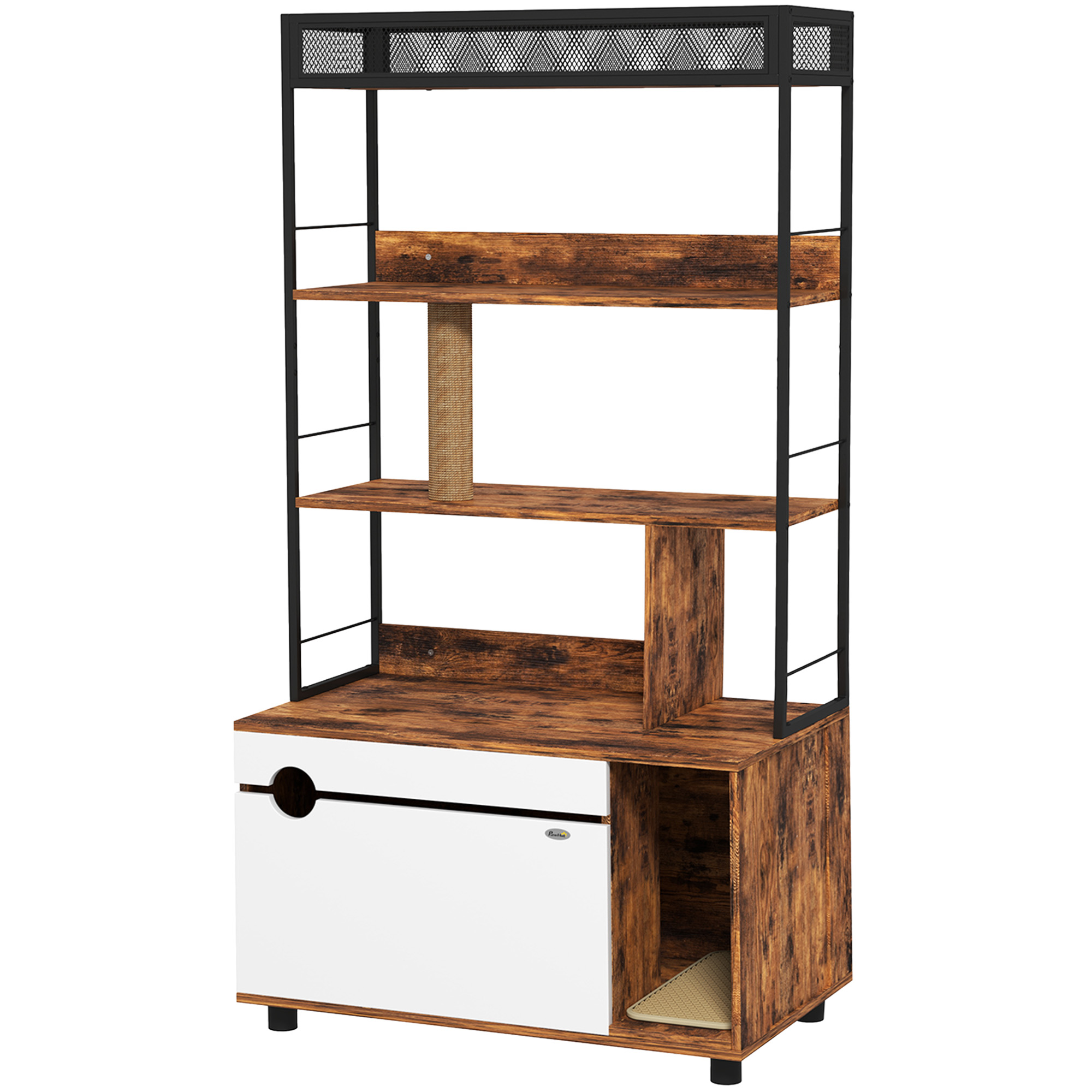 Katzentoilette mit 3-Ebenen-Regal und Kratzpfosten, geschlossenes Katzenklo, 80 x 48 x 152 cm, Braun