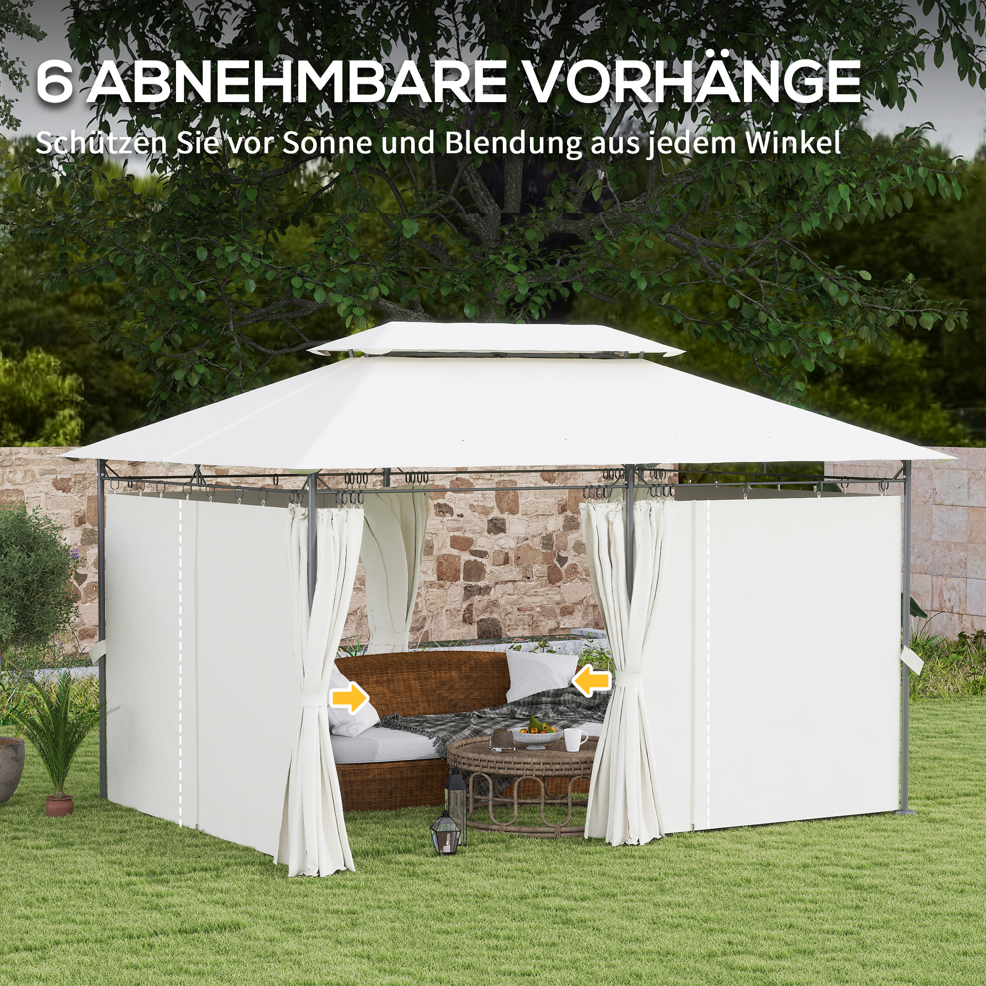 Gartenpavillon Doppeldach, 6 Seitenteile, Wasserabweisend, Für Garten Terrasse, 4x3 m, Cremeweiß