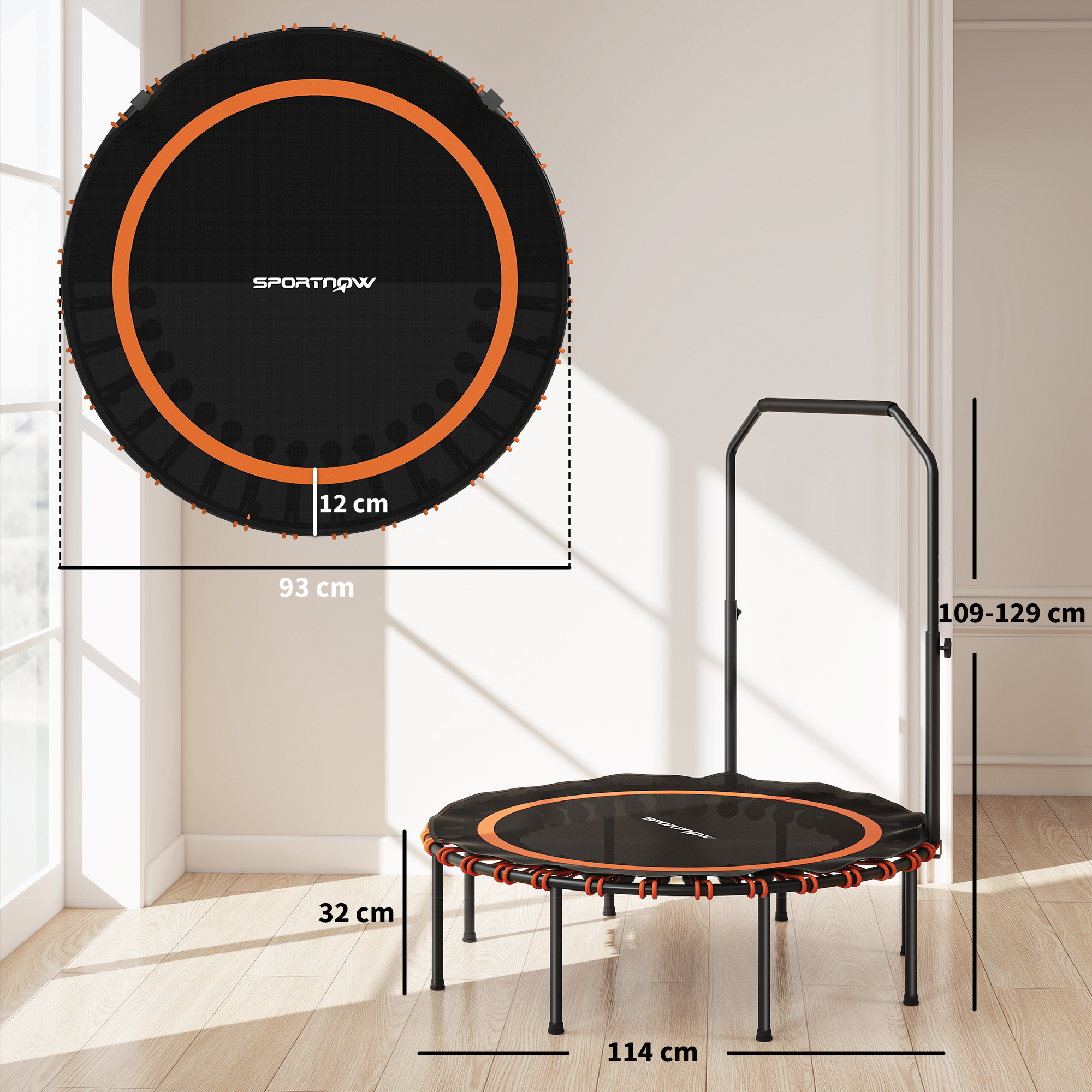 Fitness-Trampolin mit verstellbarem Handlauf, Sport-Trampolin für drinnen und draußen, Stahl, Kunststoff, Orange
