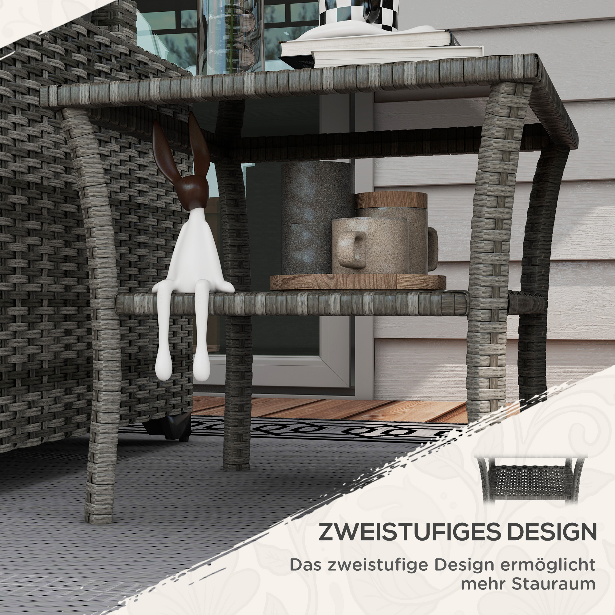 Polyrattan Gartentisch, 50 x 50 x 45cm, wetterfest Beistelltisch für 4 Personen, Quadratisch mit Ablage Glasplatte