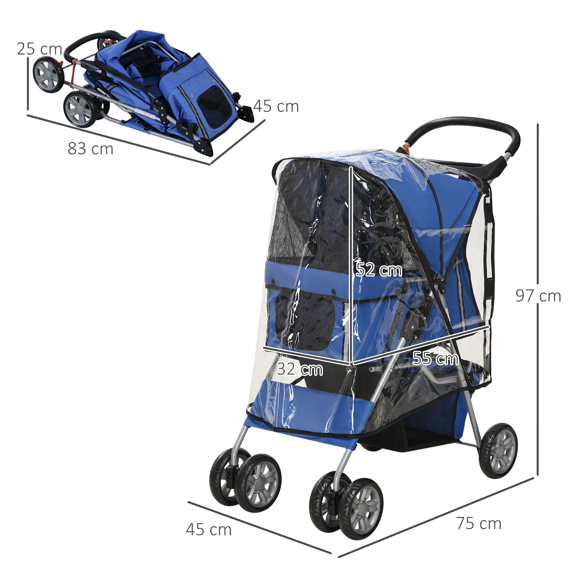 Hundebuggy Hundewagen bis 10 kg Klappbar Regenschutz Bodenkorb 2 Becherhalter 75 cm x 45 cm x 97 cm, Blau