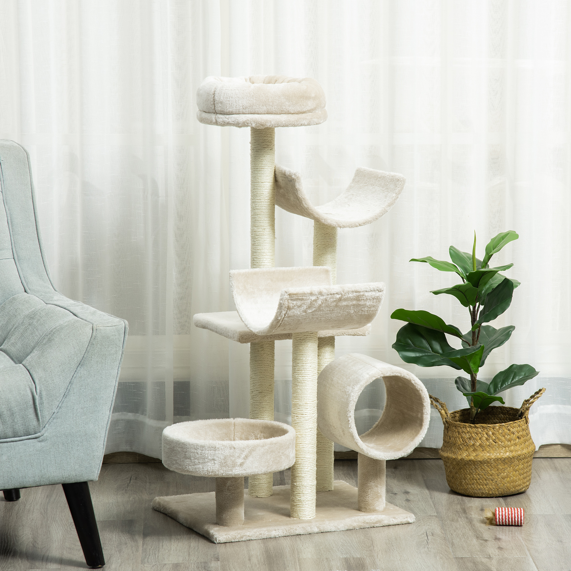 Katzenbaum Katzenkratzbaum Katzen Kletterbaum Kratzbaum Spielzeug Tunnel Beige L50 x B40 x H105 cm