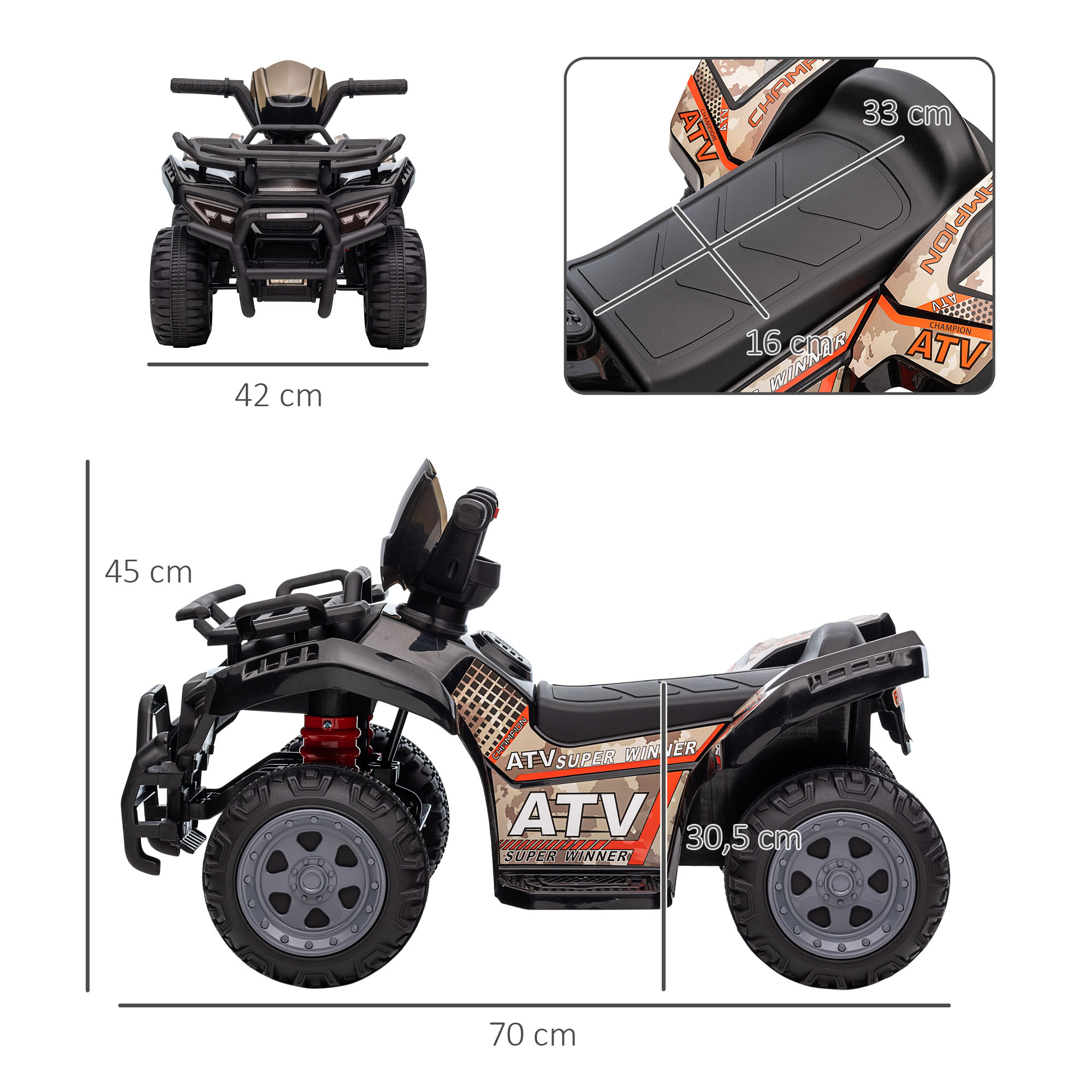 Kinderquad 6V Kinderquad mit Vorwärtsfunktion, Musik, Elektro-Quad für Kinder 1,5-3 Jahre Schwarz