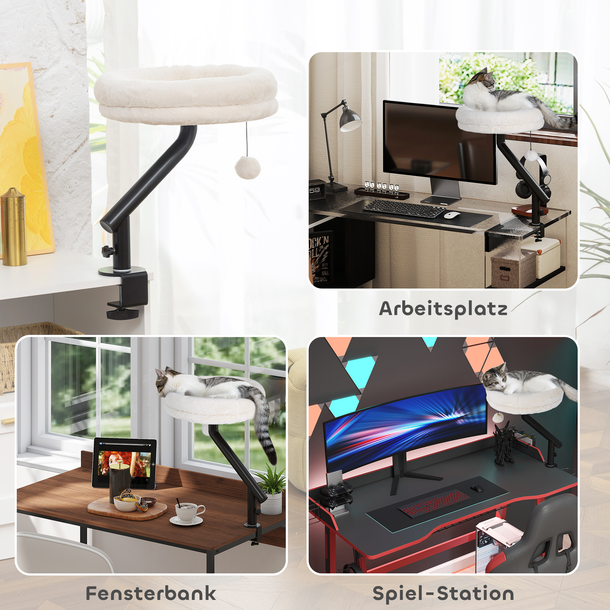 Katzen-Schreibtischbett, Katzenbett für Schreibtisch mit 360°Drehung, verstellbarer Höhe, Katzenliege mit abnehmbarem, maschinenwaschbarem Bett, für Katzen unter 6 kg, Heimbüro, Cremeweiß