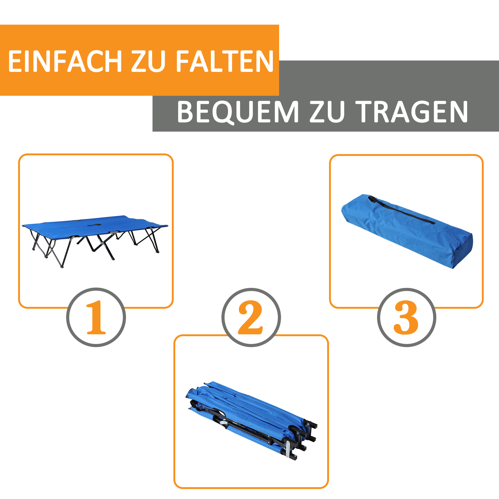 Campingbett Klappbar für 2 Personen Feldbett Klappbett mit Tragetasche bis 136 kg belastbar Stahl Oxford Blau+Schwarz 193 x 125 x 40 cm