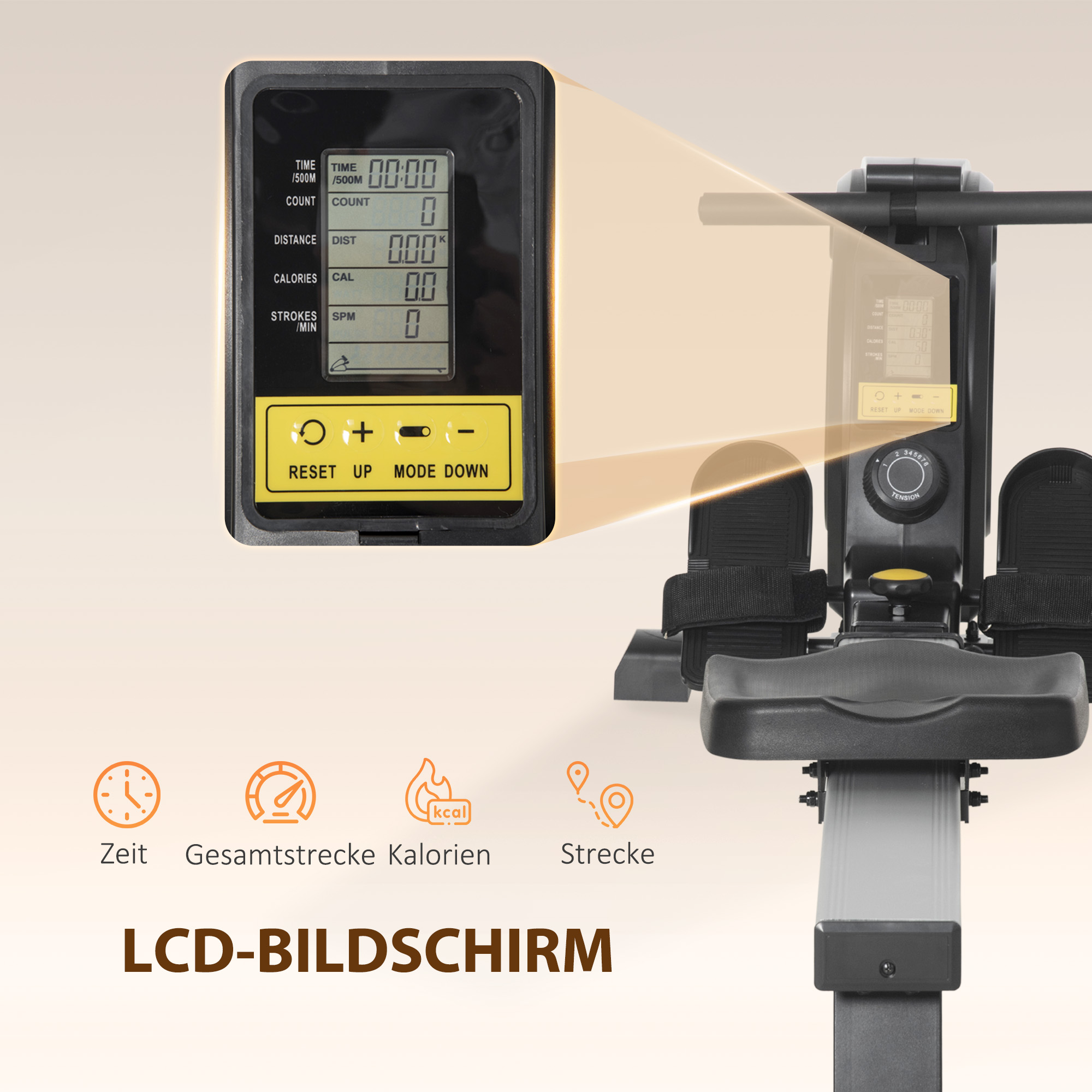 Rudergerät, klappbar, leiser Aluminiumrahmen, LCD-Monitor, 8 Stufen Widerstand, Schwarz/Silber