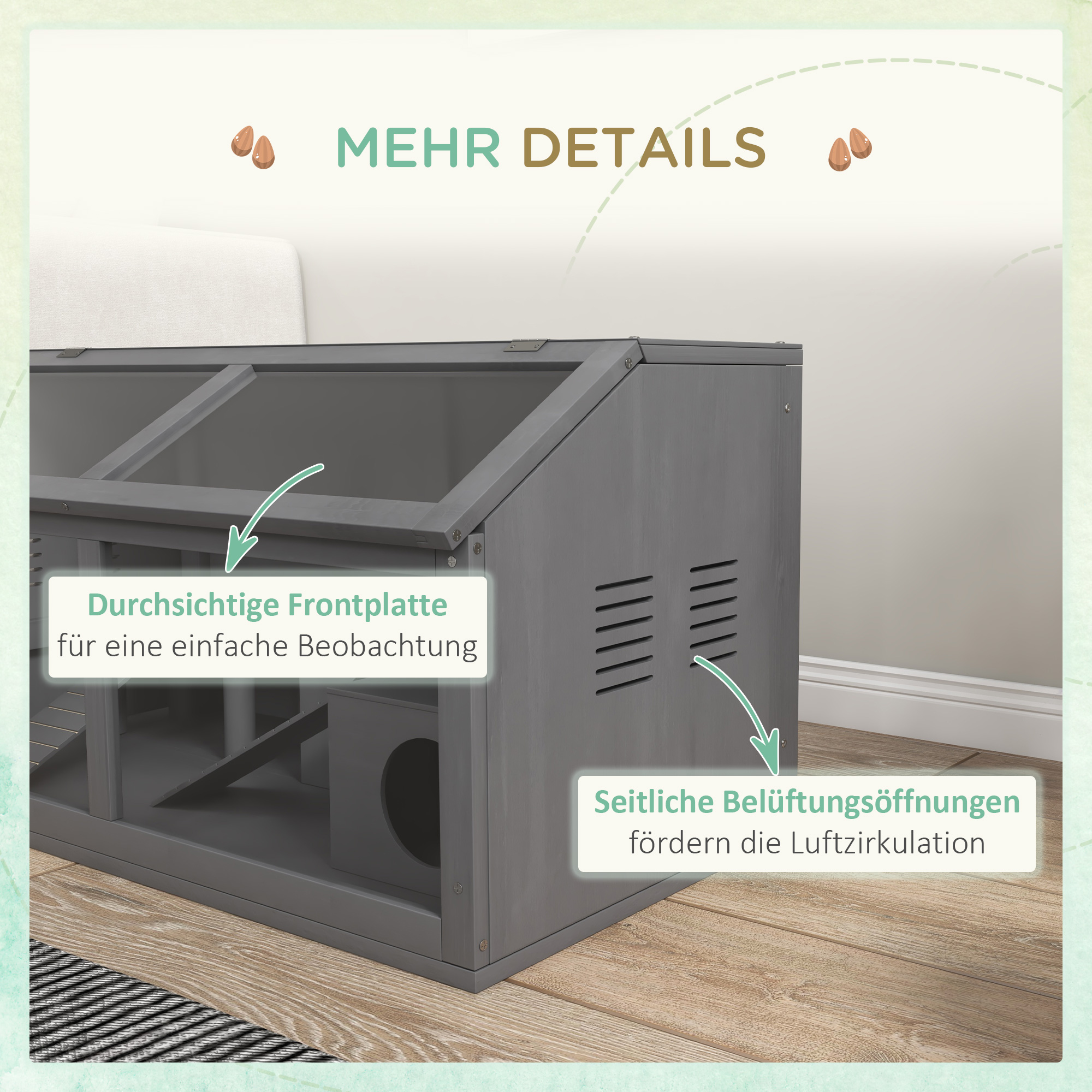 Hamsterkäfig, Kleintierkäfig aus Holz, Hängebrücke, Leitern, Hütte, 84 x 45 x 44 cm, für Zwerghamster, Grau