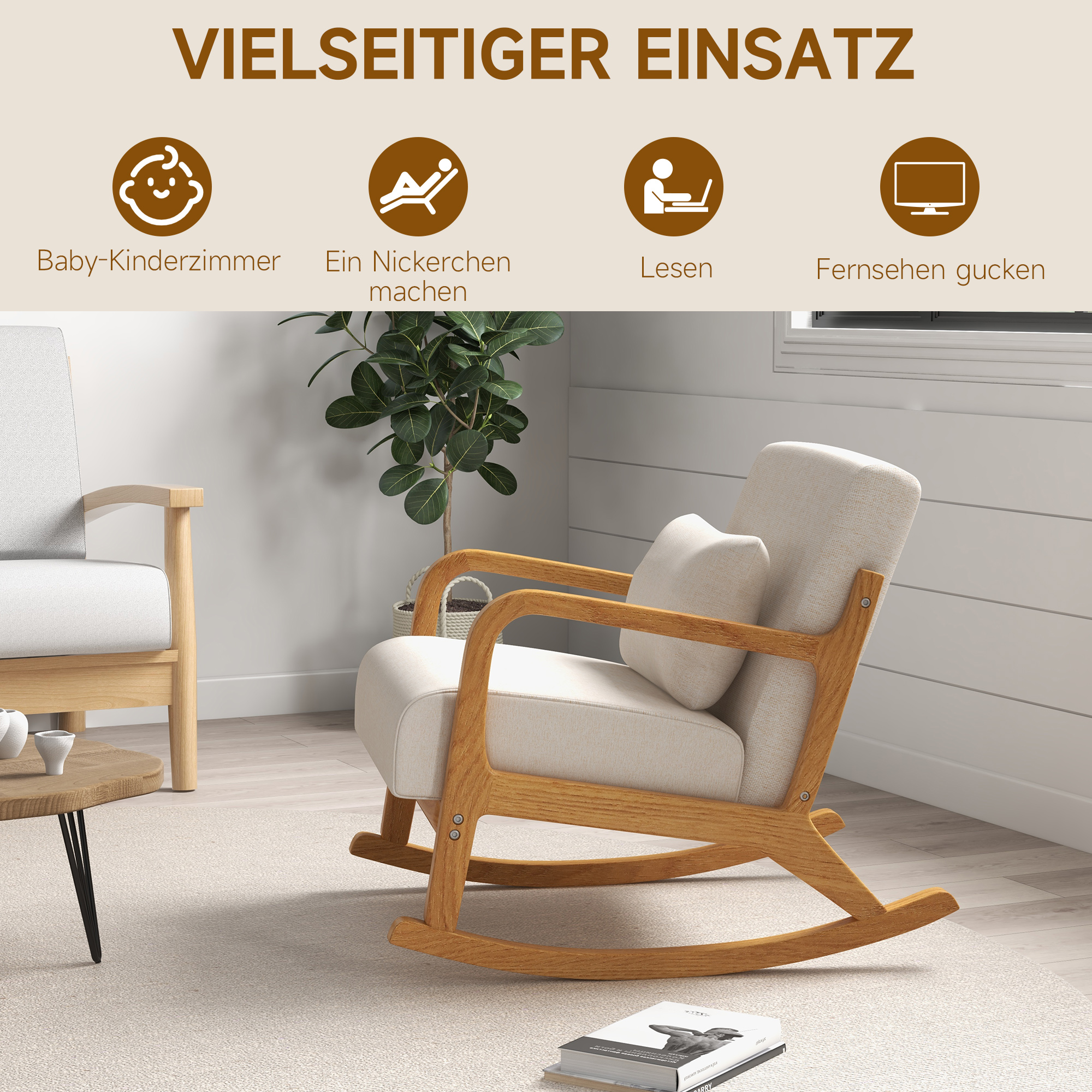 Schaukelstuhl im Retrodesign, Gummibaumholz, 64,5 cm x 92 cm x 81, 5 cm, Beige + Braun