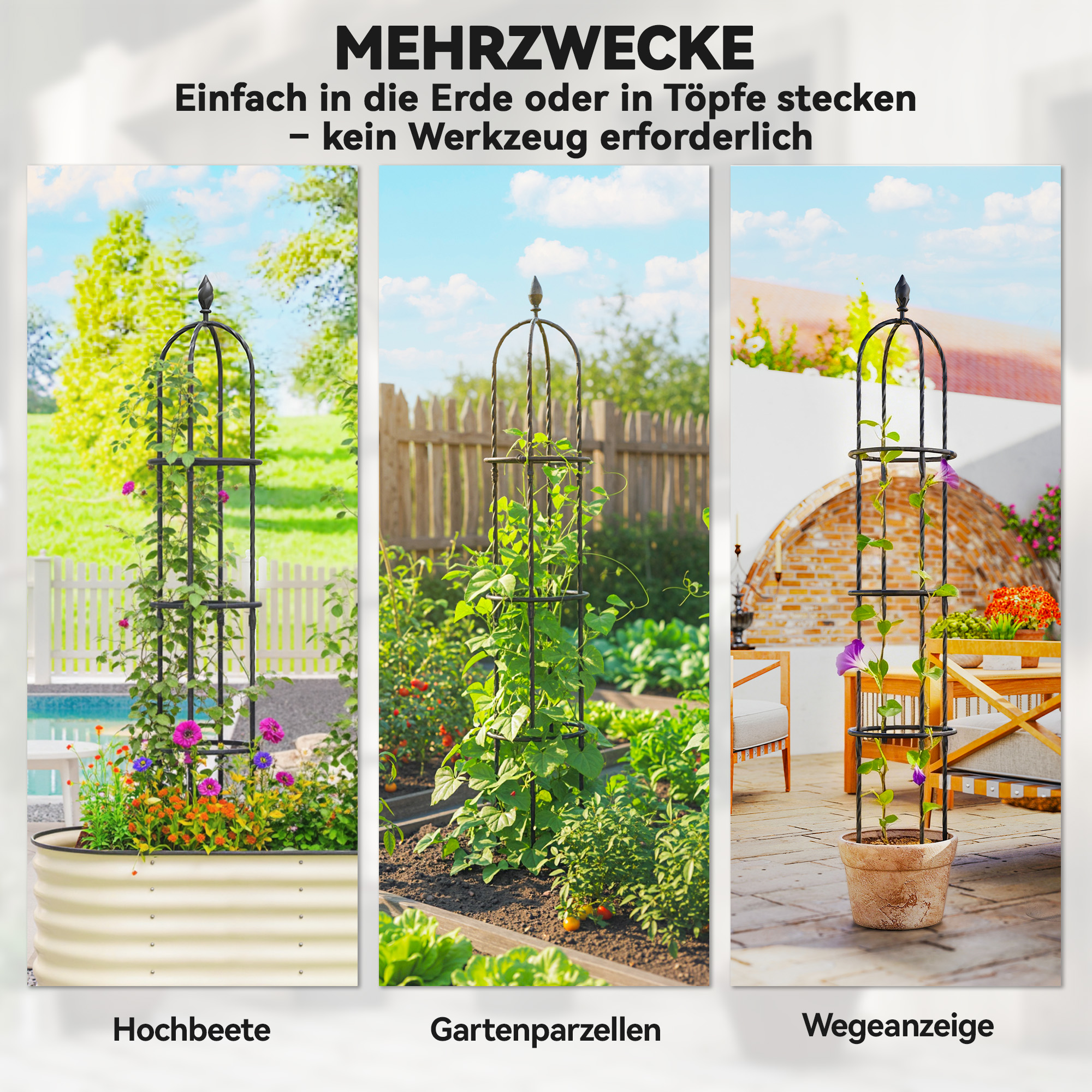 Garten Rankhilfe 2er Set 174 cm Obelisk Rankhilfe aus Stahl Abnehmbar Pflanzenstütze für Kletterpflanzen Rose