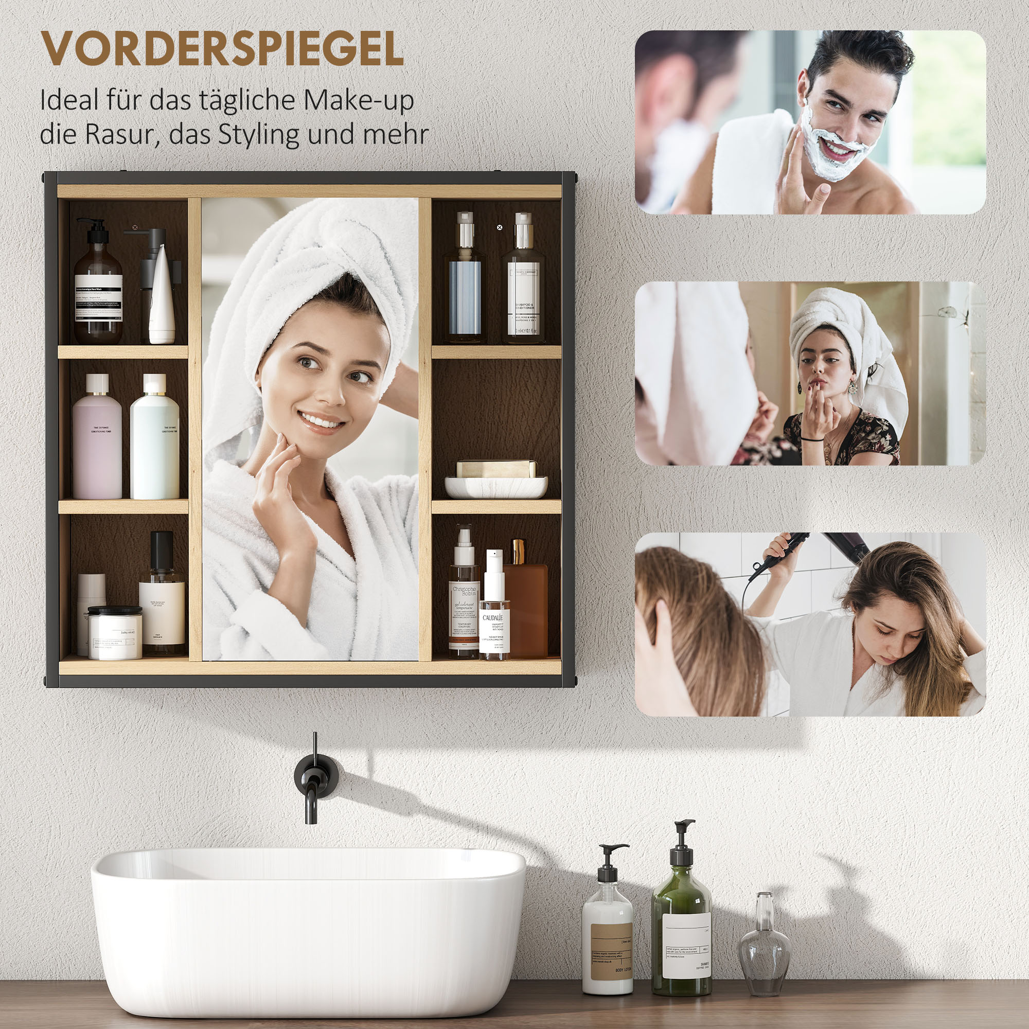 Badezimmer-Spiegelschrank, 6 offene Fächer, 3-stufiges Regal, Wandmontage, Eiche