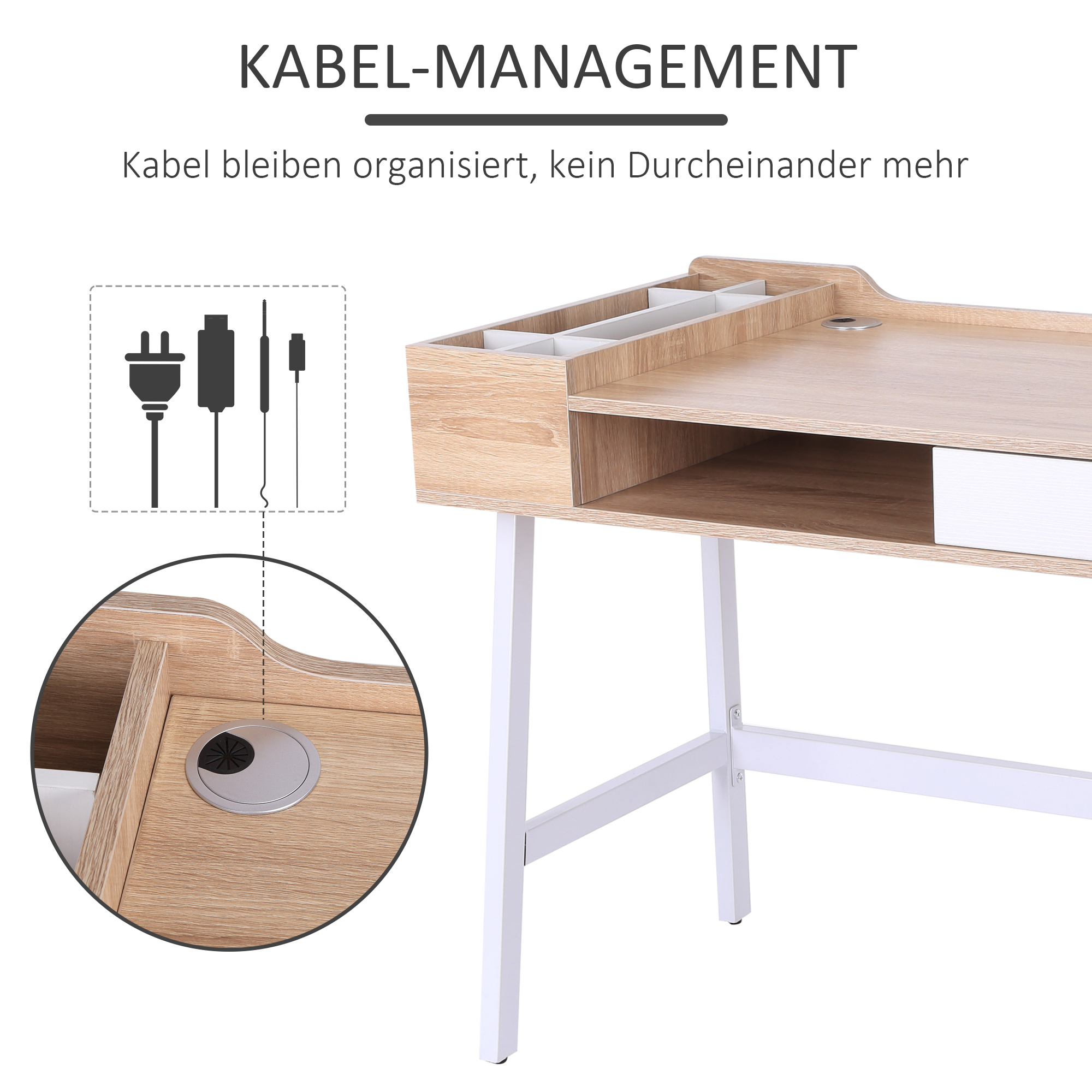 Schreibtisch Computertisch Bürotisch Arbeitstisch PC Tisch vielseitig verwendbar mit sechs Ablagefächern Schublade Breite Tischplatte für Arbeitszimmer Büro und Wohheim Natur 100 x 55 x 81,5 cm