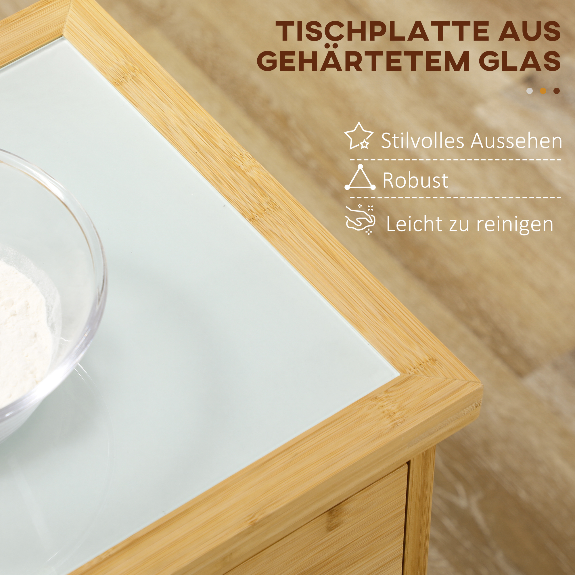 Küchenwagen aus Bambus, Mehrzweckwagen, Sevierwagen, 2 Schubladen, 1 Schrank,  2 Regale, Natur