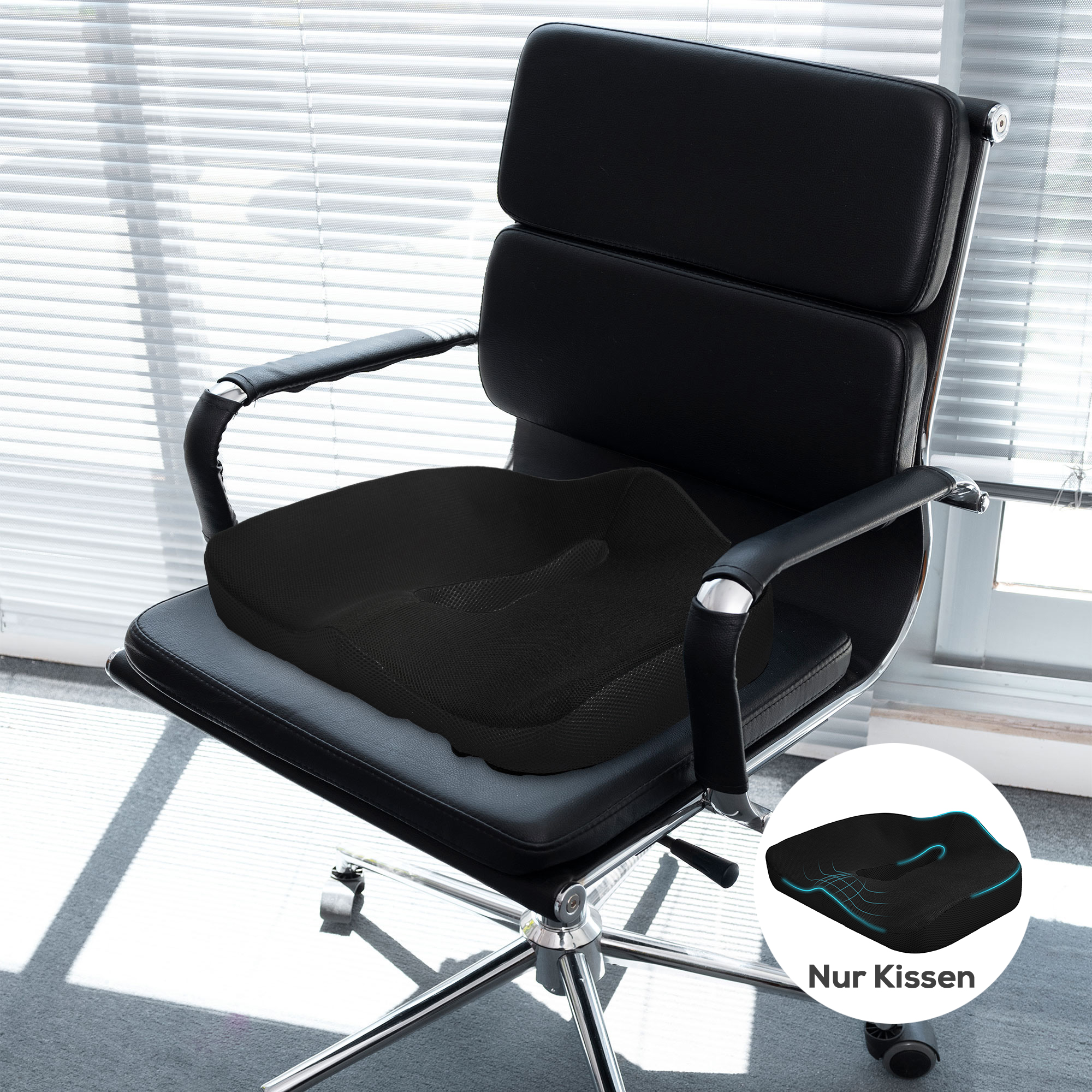 Sitzkissen, ergonomisch, atmungsaktiver Bezug, rutschfest, 44x39x13 cm, Schwarz