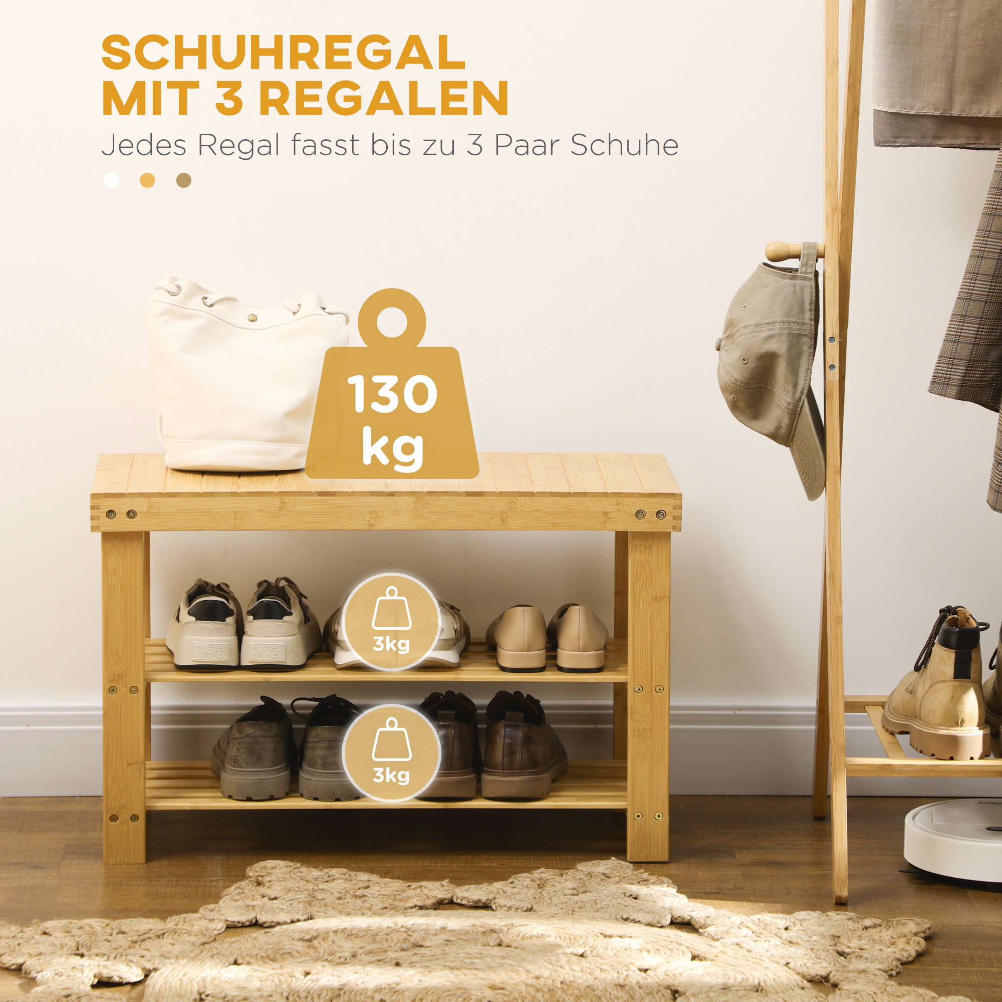 Schuhbank, 3 Etagen, Platz für 6-9 Paar Schuhe, bis 130 kg, Bambus, 70 x 28 x 45cm