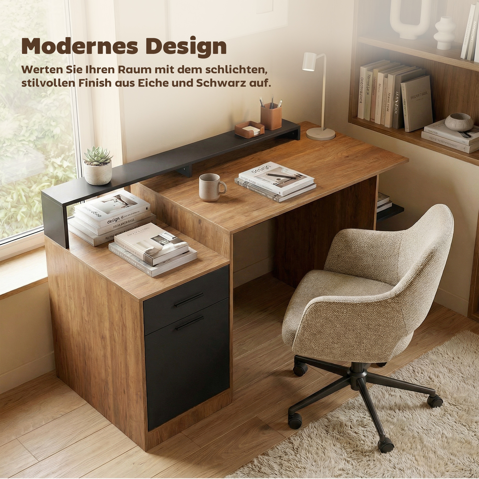 Computertisch mit Stauraum und Regalen, Moderner Schreibtisch für Büro und Arbeitszimmer, 140 cm, Eiche