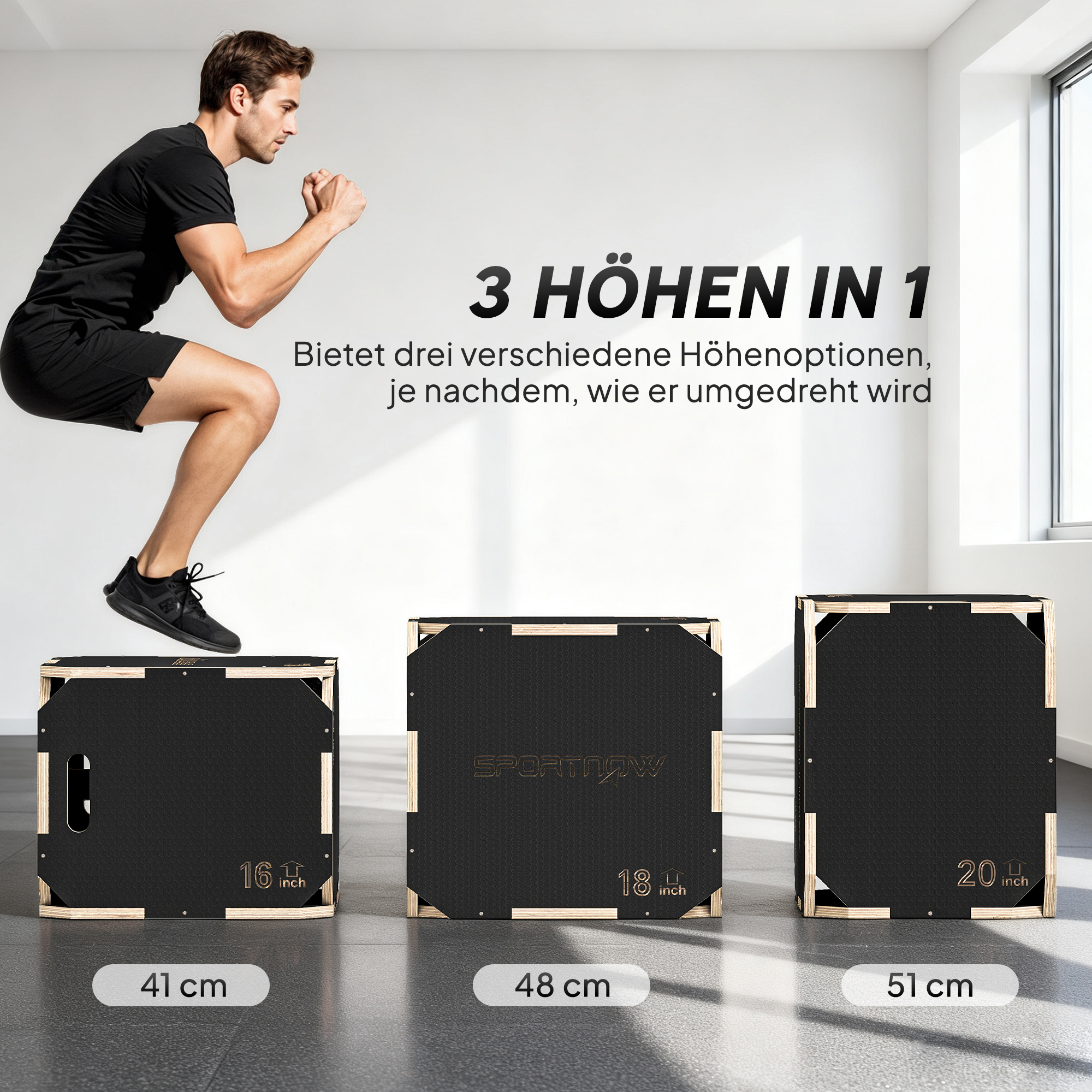 Sprungbox, kantenfreie Ecken, Sperrholz, höhenverstellbar, Seitengriffe, Schwarz