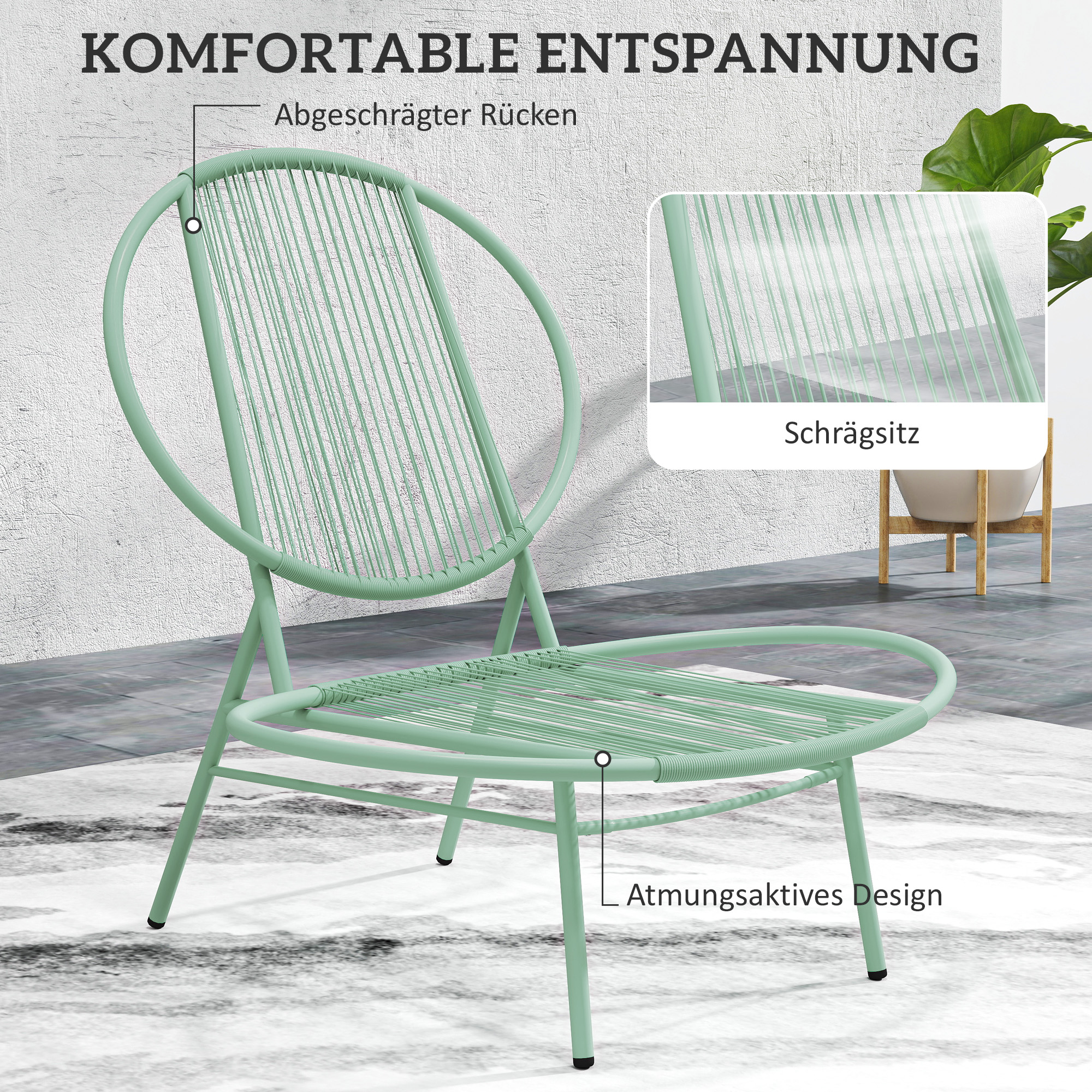 Bistro-Set 3-teilig aus Polyrattan Wetterfest Gartenmöbel Set mit Bistrotisch Muschelförmige Gartenstühlen Grün