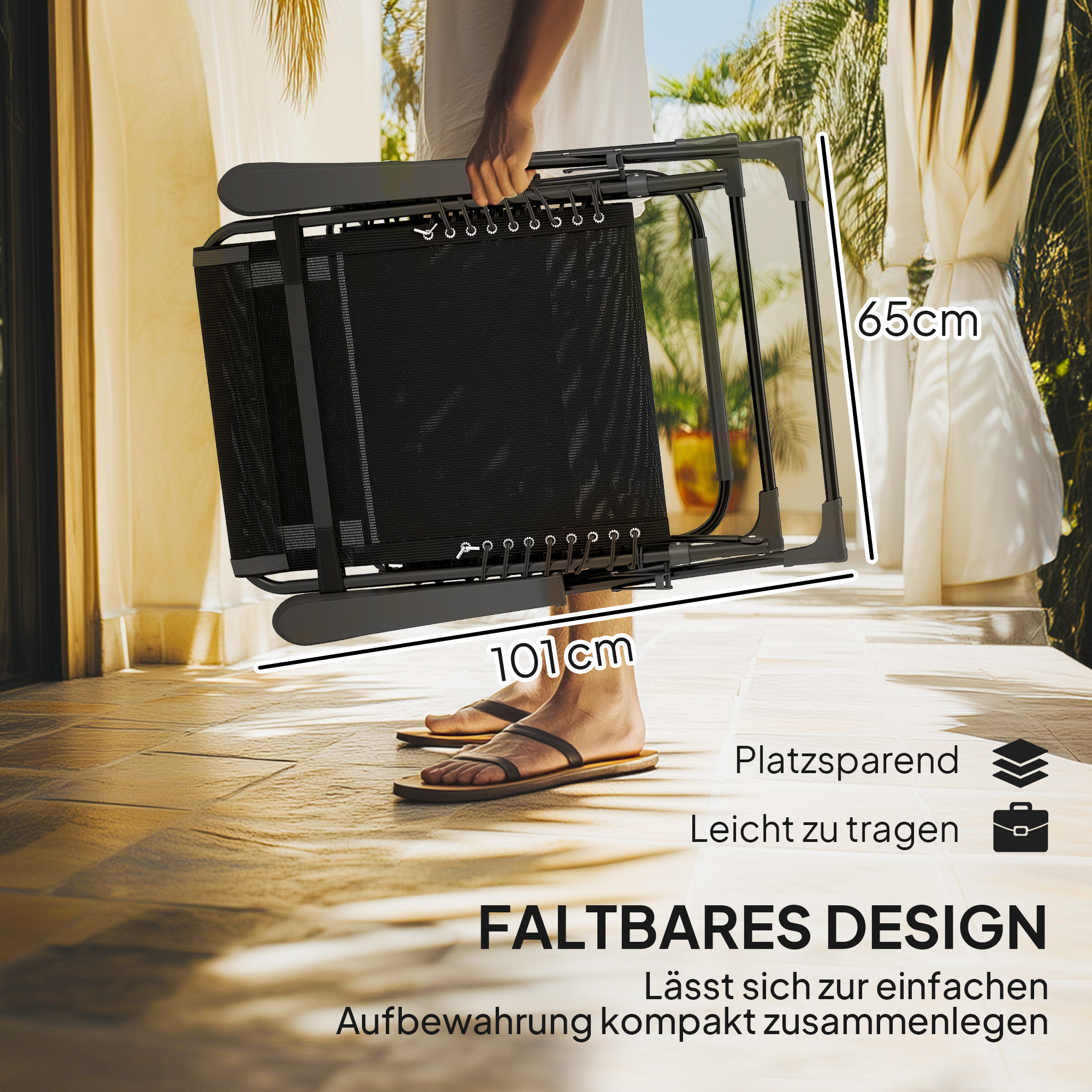 Sonnenliege klappbar Gartenliege mit Kopfkissen, 5-Fach verstellbare Rückenlehne bis 120 kg belastbar Schwarz