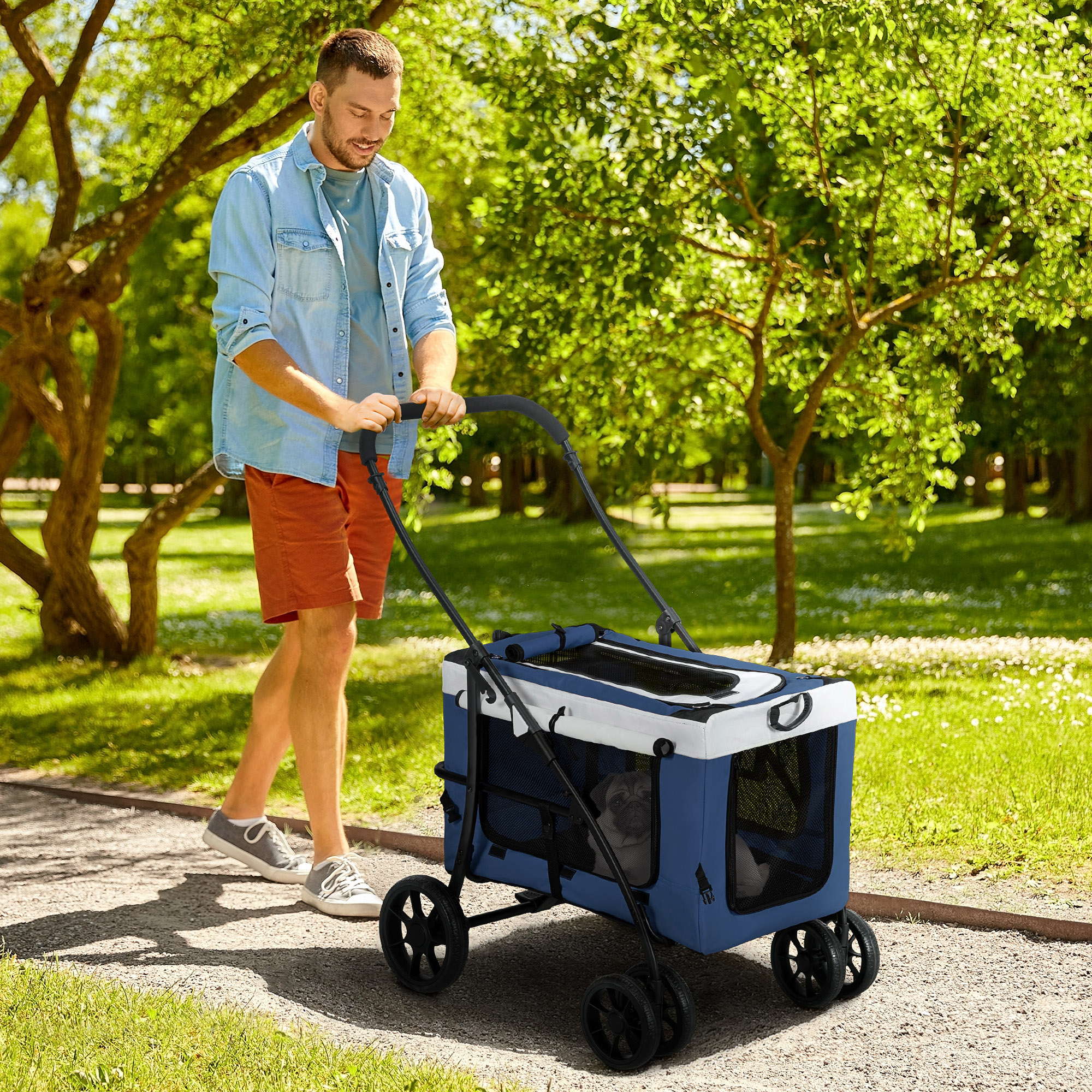 Hundbuggy Haustierbuggy Haustiertransporter bis 10kg klappbar verstellbare Trageriemen abnehmbarer Korb 81 x 58 x 97,5 cm Schwarz + Blau + Weiß