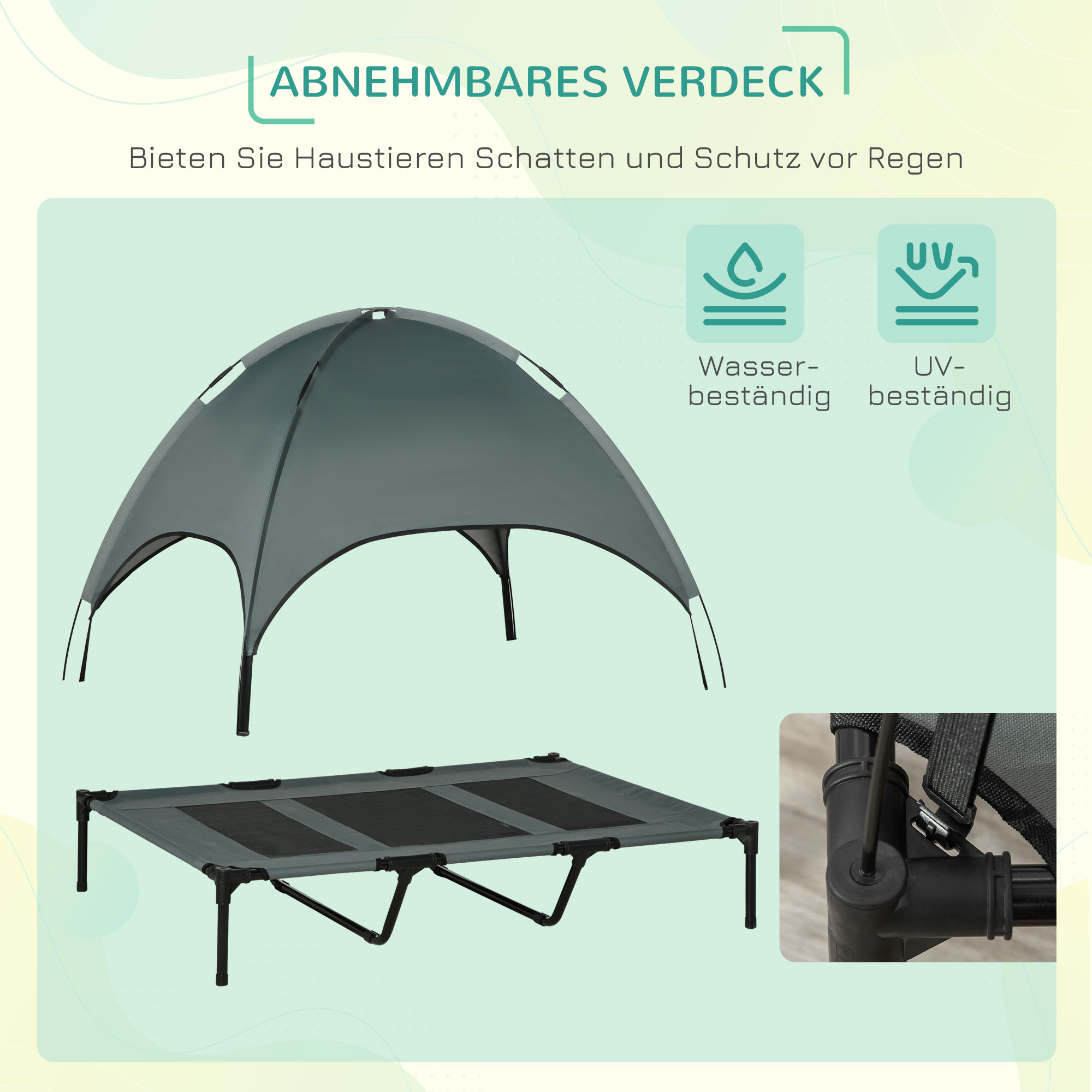 erhöhtes Hundebett mit Baldachin, Haustierbett, Hundeliege outdoor mit Dach, Atmungsaktiv, Taftstoff für Camping Grau 122 x 92 x 108 cm
