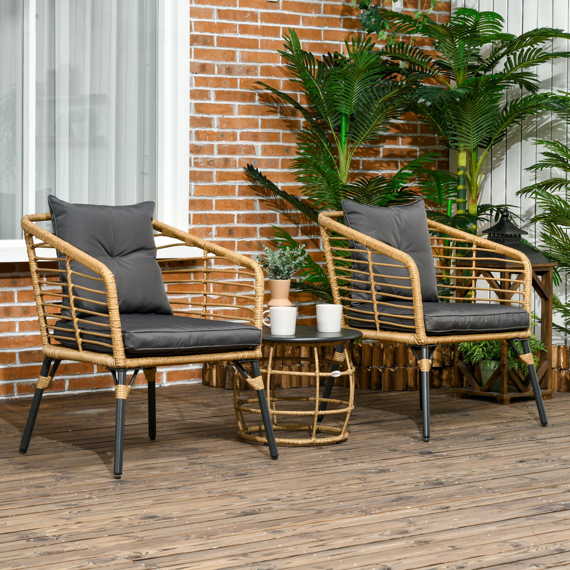 3-teiliges Bistro-Set, wetterbeständig, 1 Beistelltisch, 2 Stühle, 62 cm x 65 cm x 78 cm, Sand+Dunkelgrau