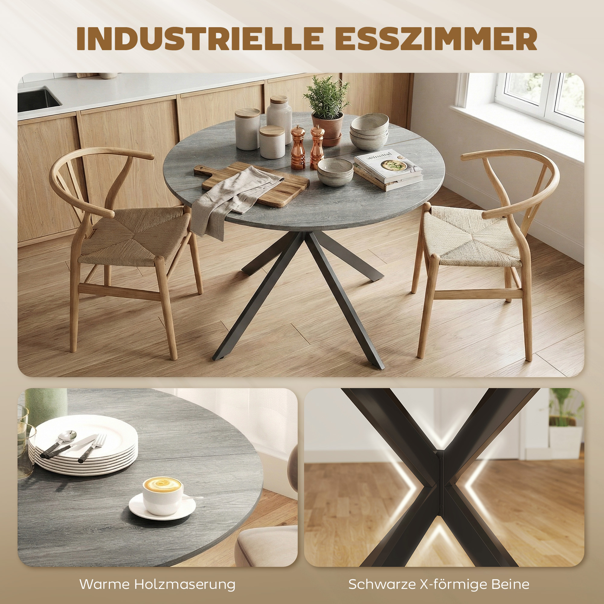 Runder Esstisch für 4 Personen, Küchentisch im Industriestil mit Stahlbeinen, für Esszimmer, Küche, Grau