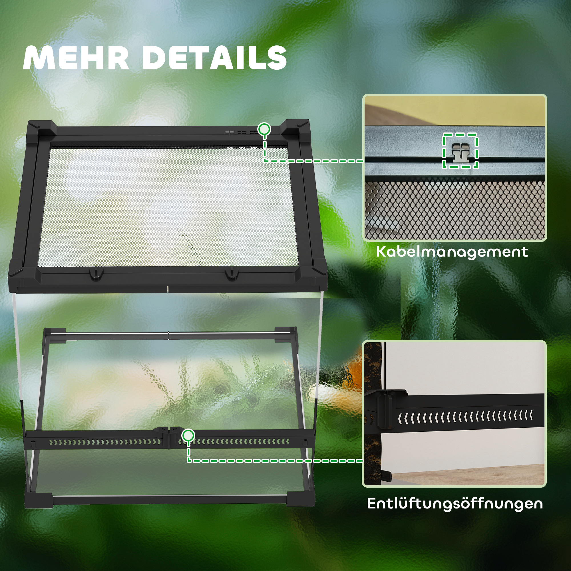 Glas-Terrarium für Reptilien, erhöhter & wasserdichter Boden, Knopfschloss