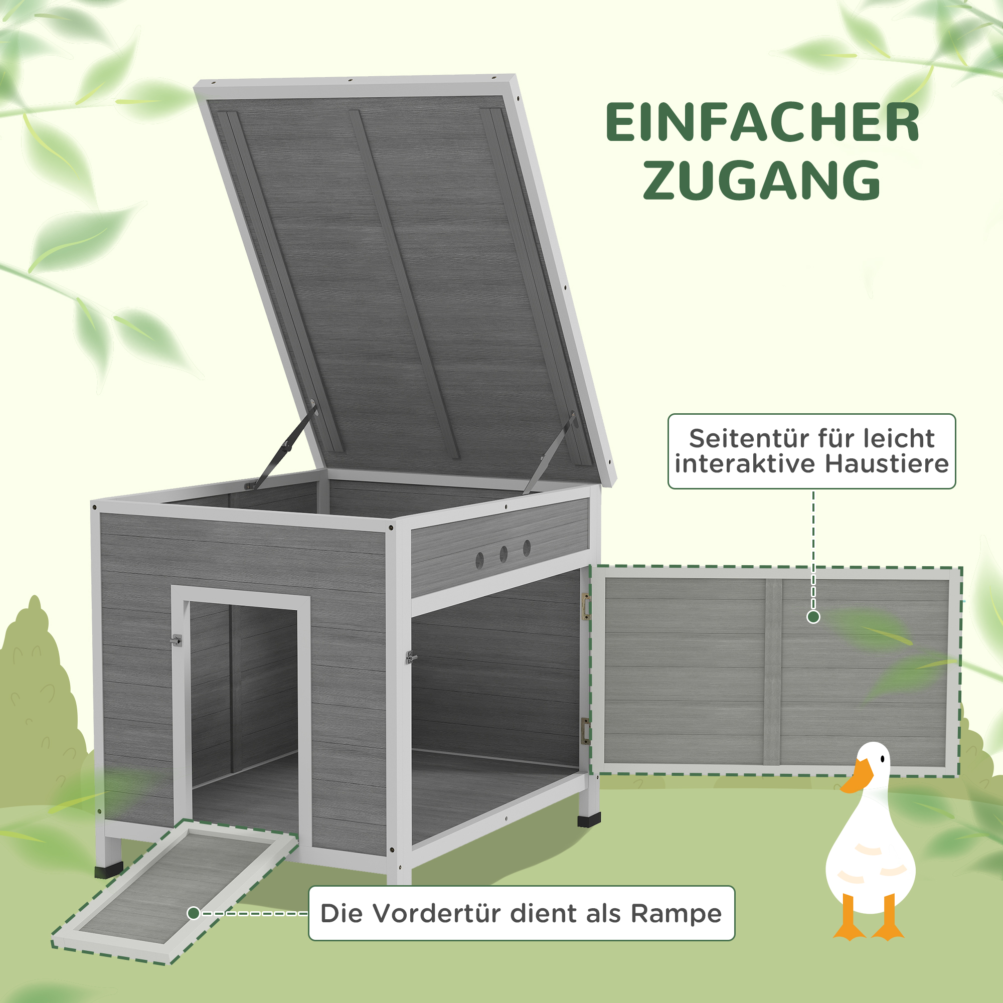 Entenstall, Entenhaus mit Seitentür, Belüftungslöchern, Geflügelstall Hühnerhaus aus Tannenholz, Gänsestall, Hühnerstall mit wasserdichtem Asphaltdach, 63 x 82 x 76 cm, Hellgrau
