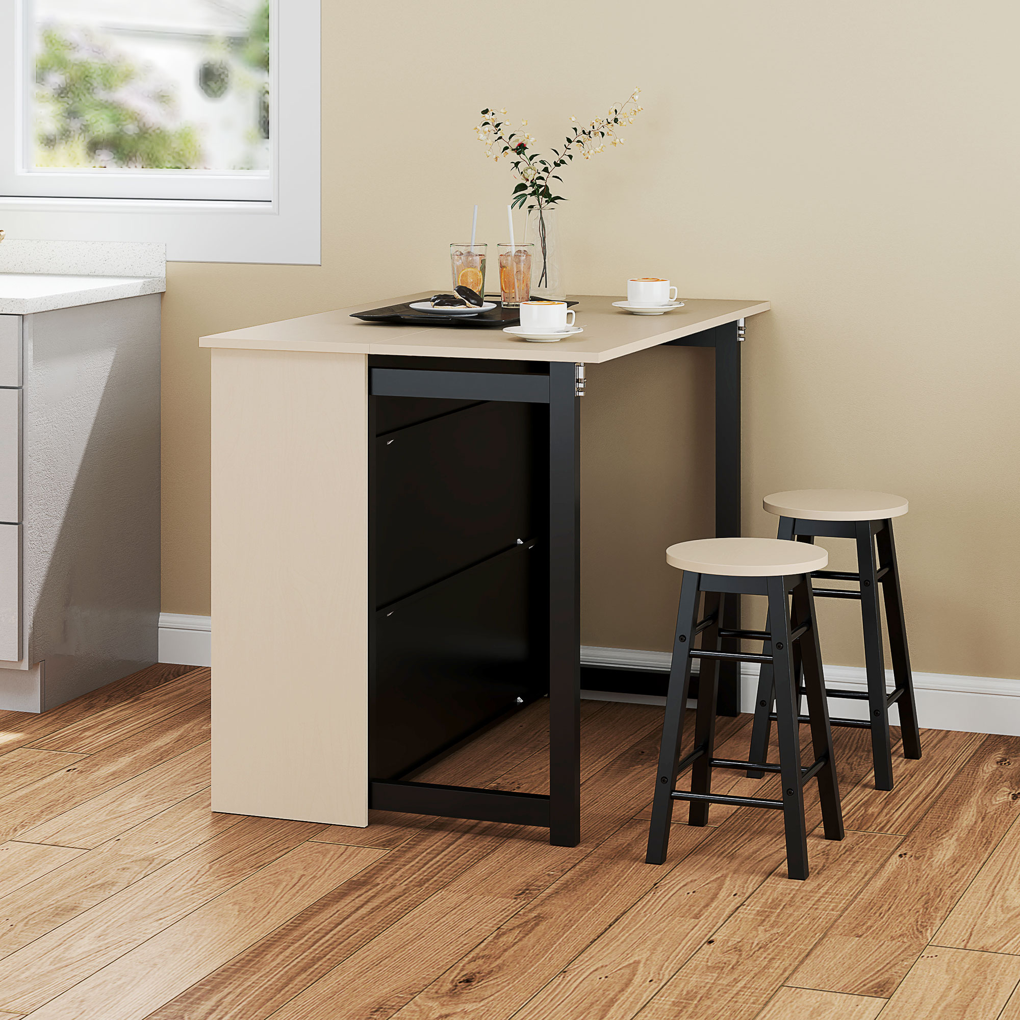 3-tlg, Barset, Bartisch mit klappbarer Tischplatte, 2 Barhocker, 6 Staufächer, schwarz+Eiche, 116 x 70 x 89,5 cm