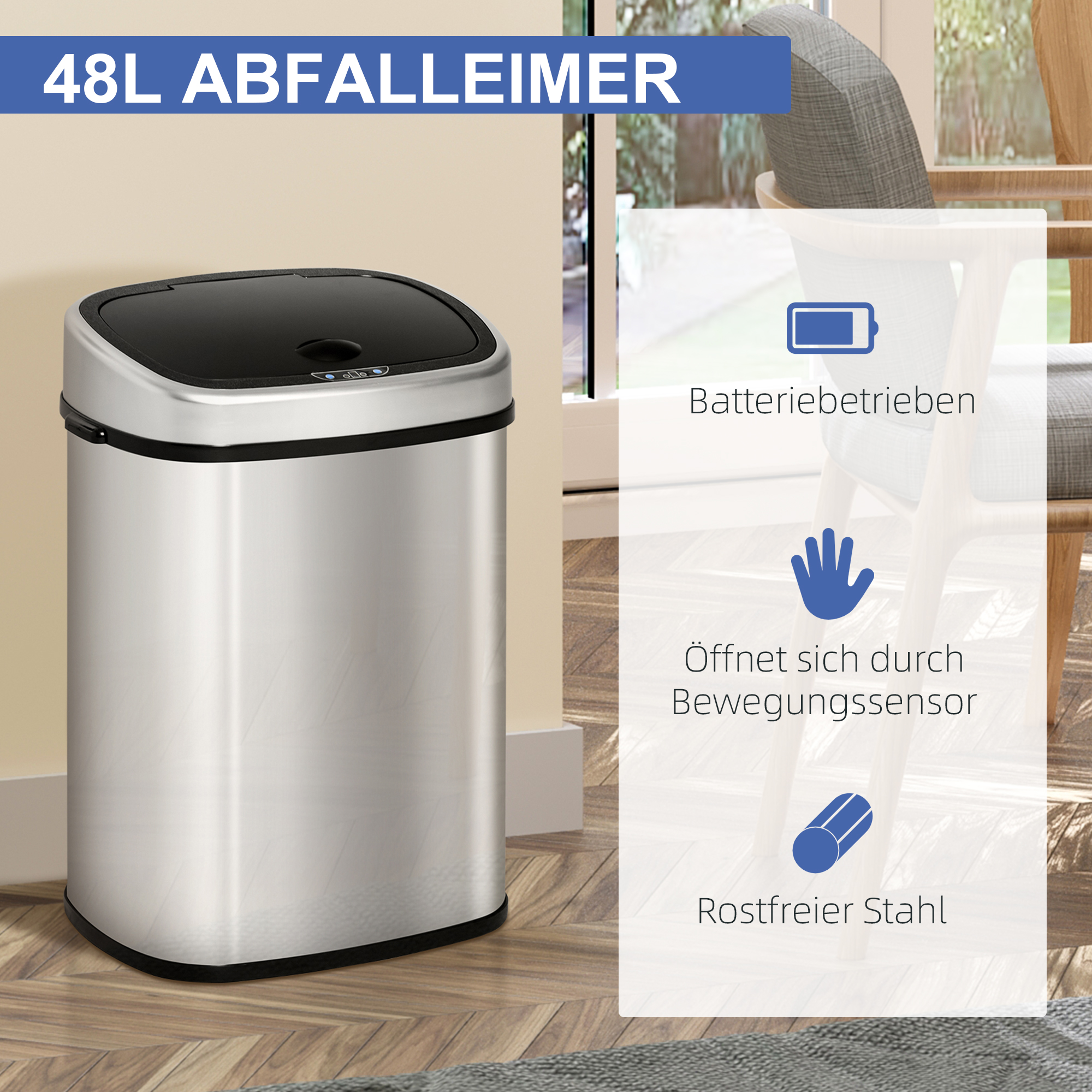 Mülleimer mit Sensor 48L Automatik Abfalleimer mit Bewegungssensor, Wasserdichter Abfallbehälter aus Edelstahl für Küche, Büro, Schlafzimmer Silber
