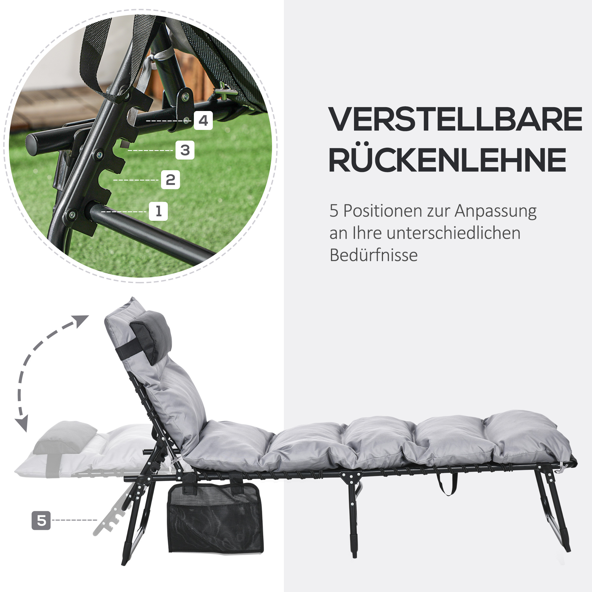 Klappliege, 5-stufig neigbare Rückenlehne, Kissen, Auflage, bis 120 kg, Stahl, hellgrau, 58 x 189 x 32,5 cm