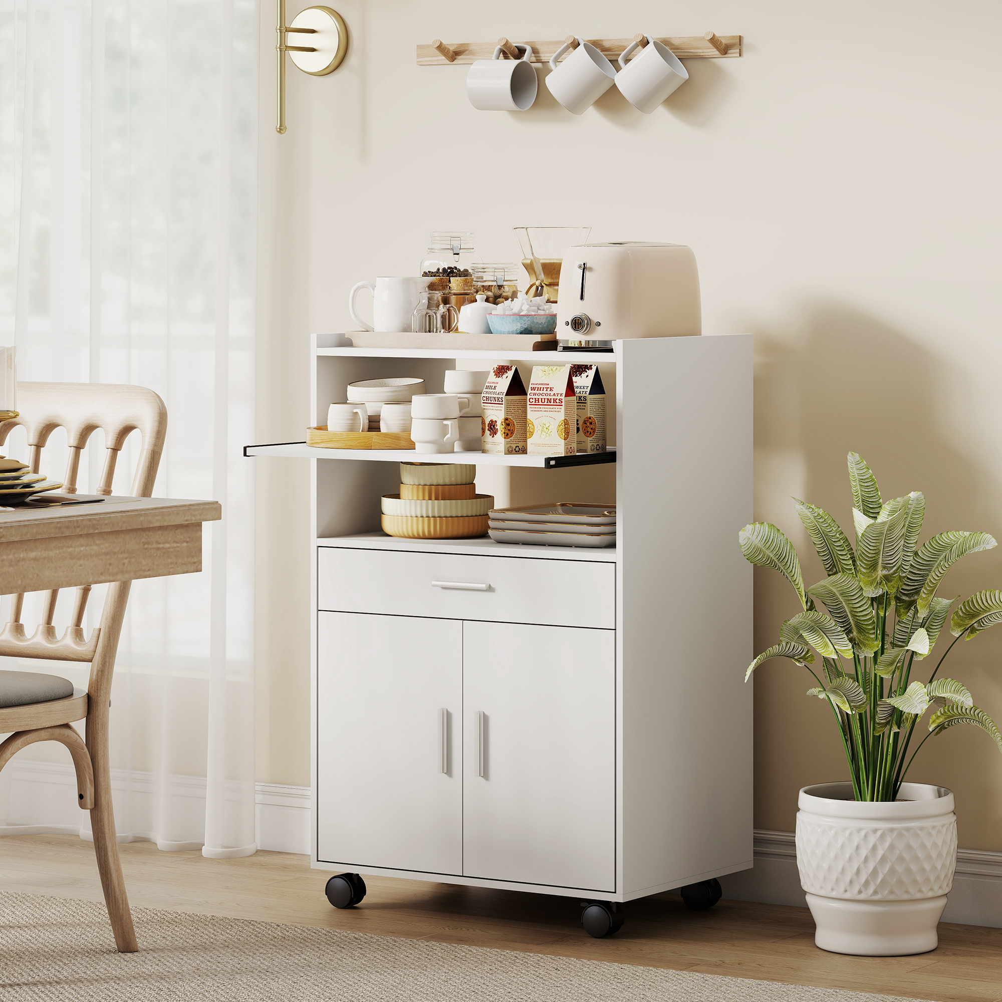 Mikrowellenschrank, Regal, Doppeltürschrank, Schublade, Rollen, Weiß