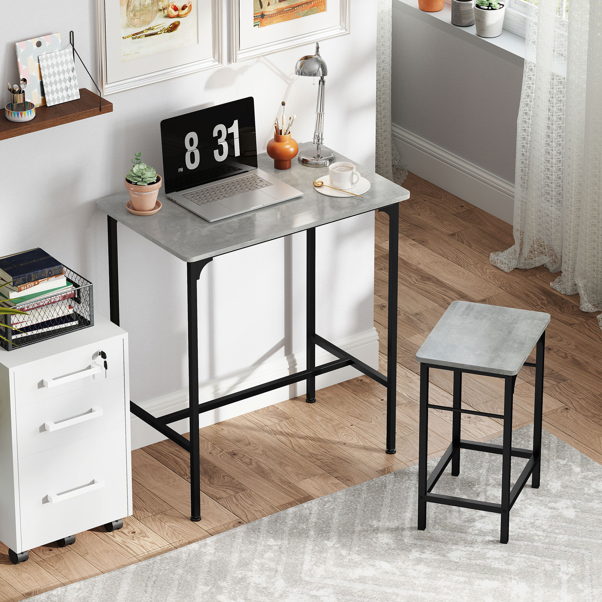 Bartisch Set Bartisch mit Barhocker-Set Esstisch mit 2 Stühlen mit Rutschfestem Fußpolster Grau