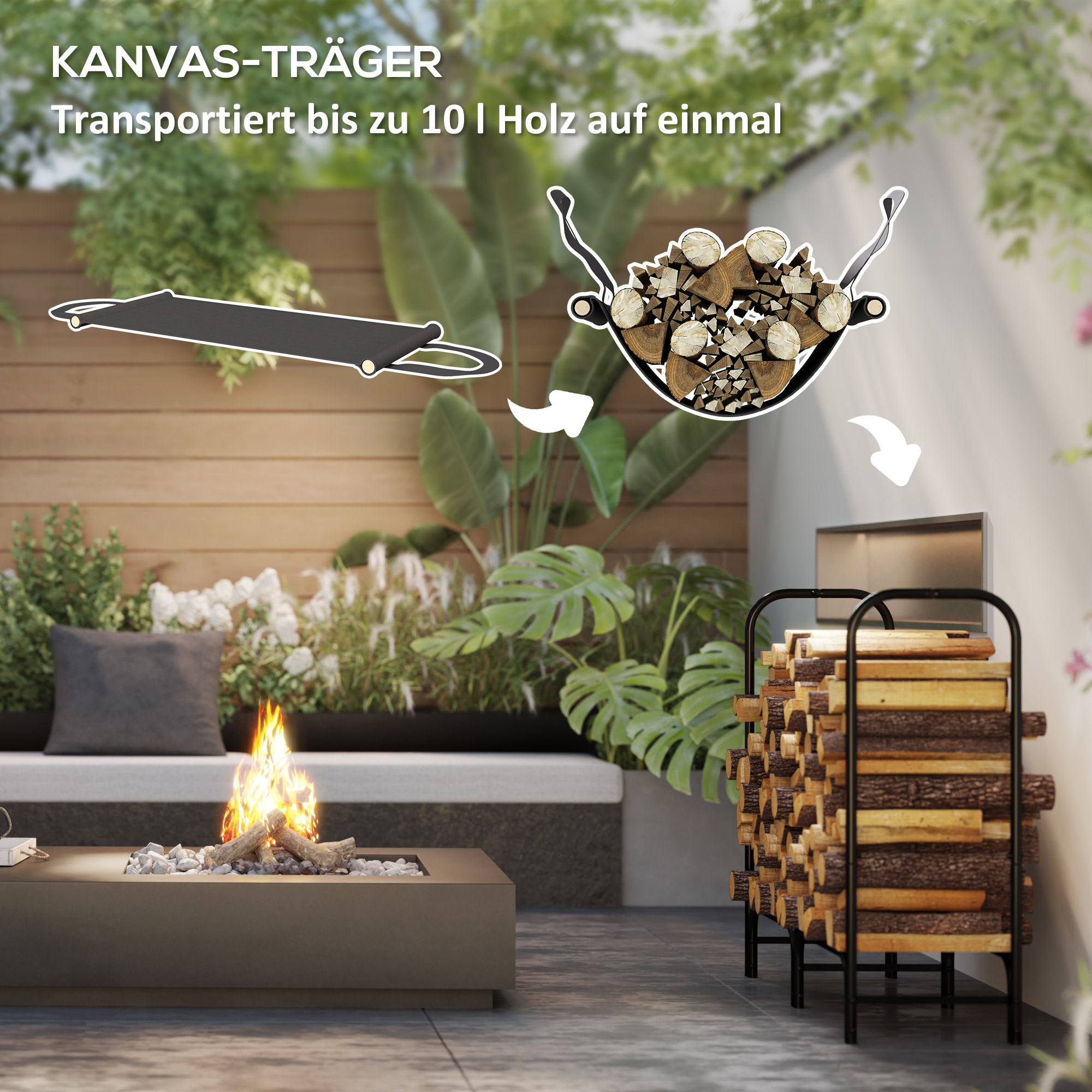 Feuerholzgestell, 0,33 m³, mit Tragetasche & Abdeckung, Metallrahmen, bis 150 kg, 120 x 36 x 99 cm, Schwarz