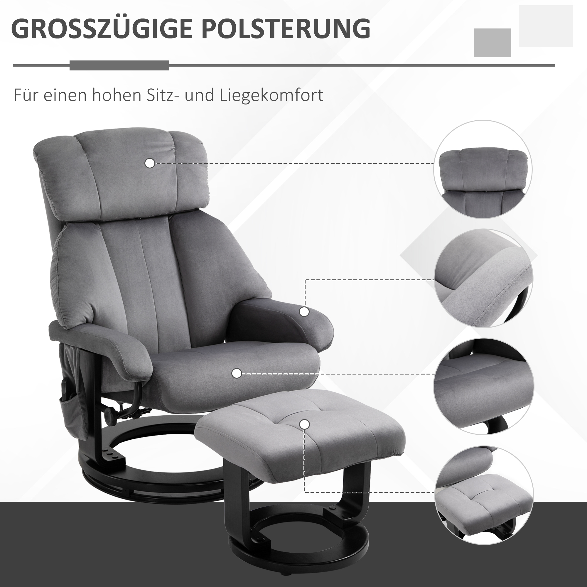 Relaxsessel mit Hocker, Drehbarer Fernsehsessel mit Schwingmassage, Liegefunktion, Massagesessel mit Seitentasche, Liegesessel mit Samtoptik für Wohnzimmer Grau