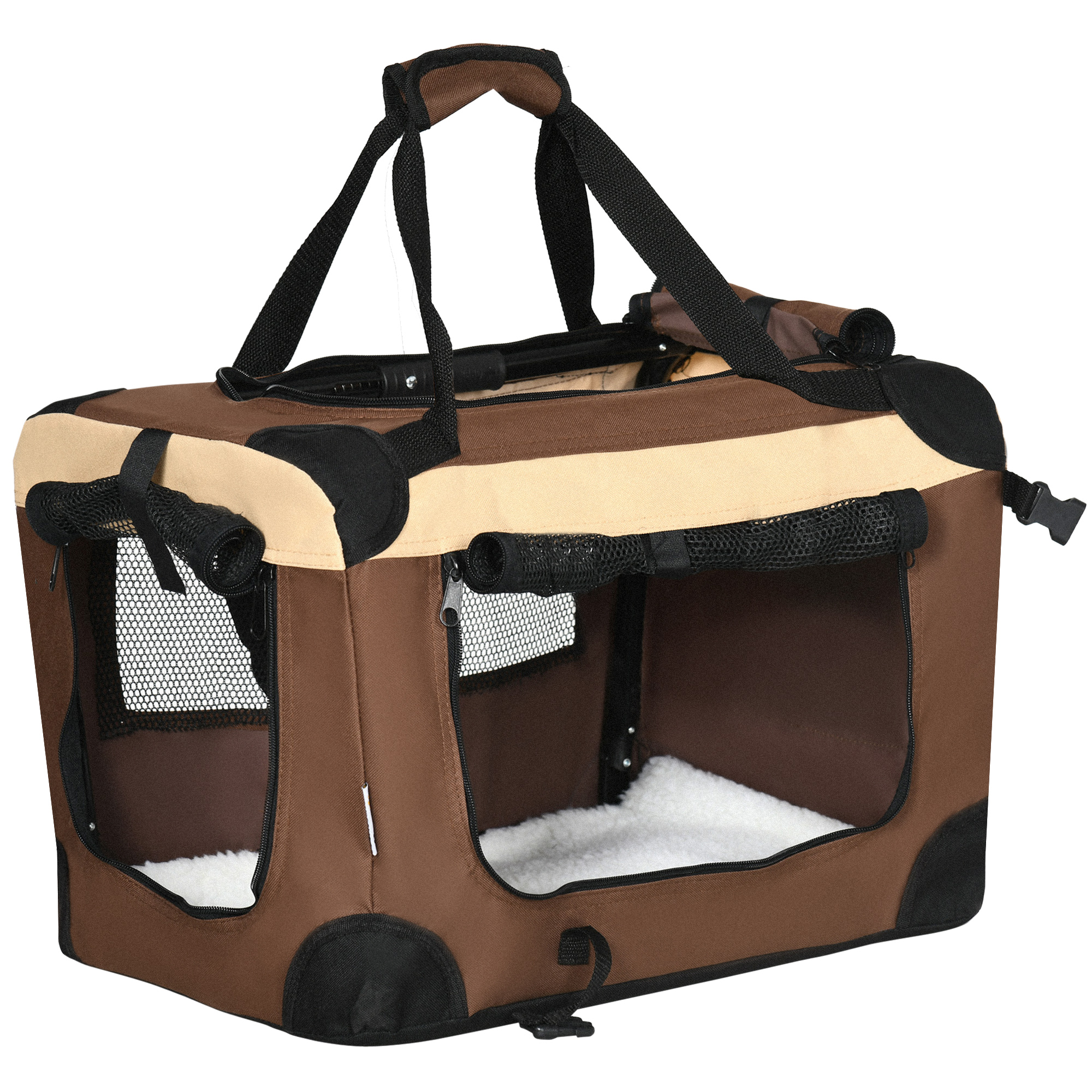 Hundetasche Hundetransporttasche, 3 Eingänge, faltbar, 70 x 51 x 50 cm, Braun + Beige