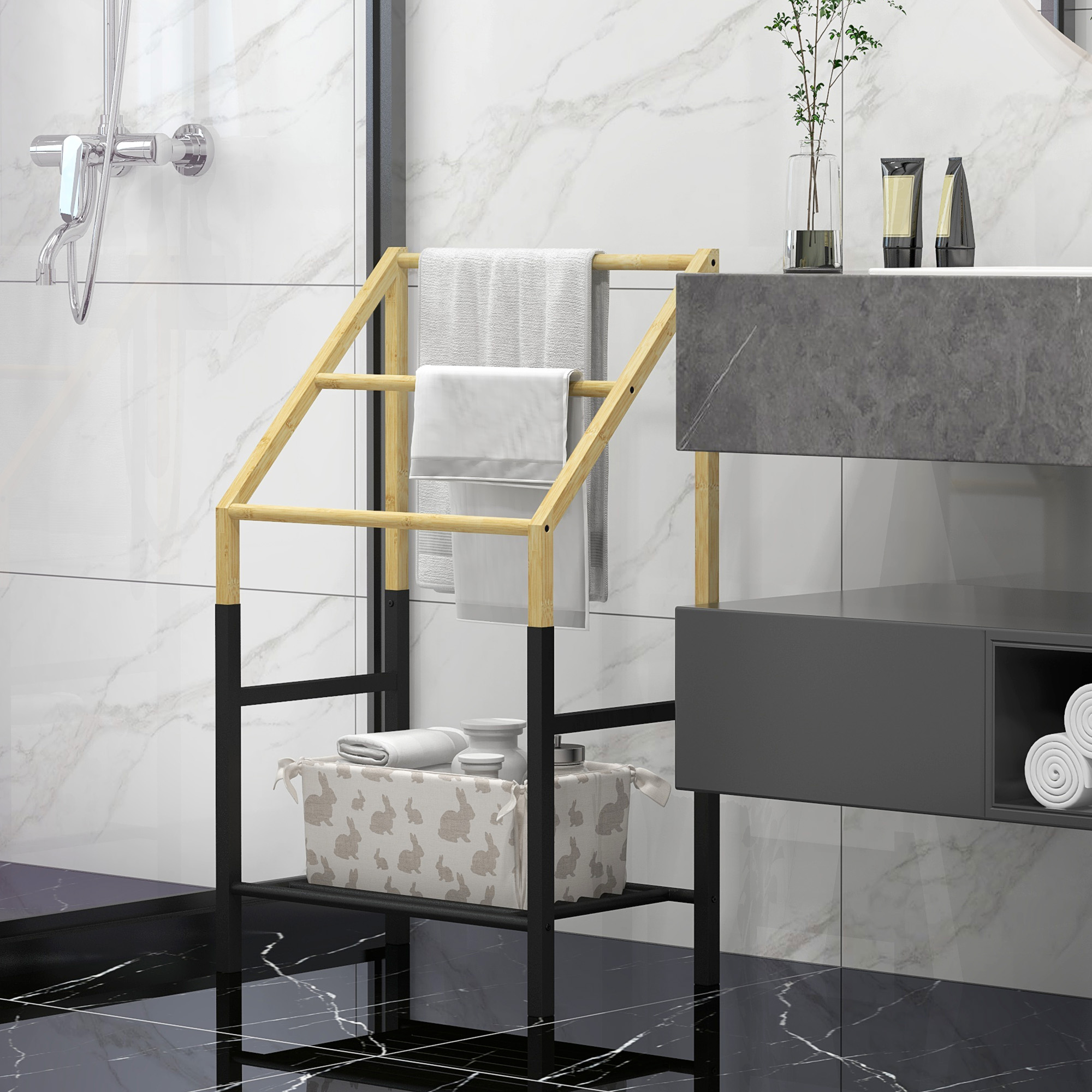 Handtuchhalter, freistehend, 3 Stangen, 51x31x85,5cm, Schwarz/Naturholz
