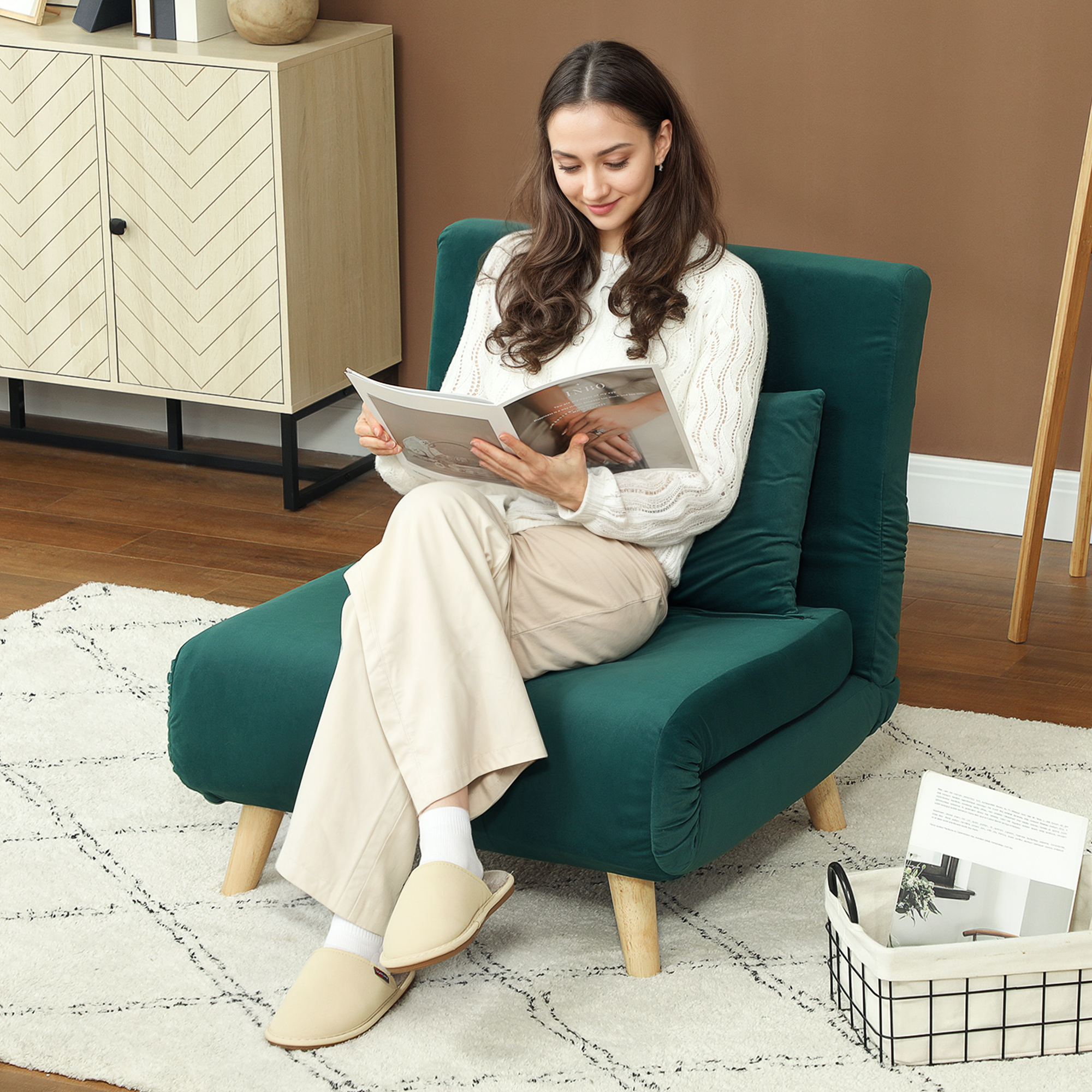 Klappsessel mit Bettfunktion, Klappbarer Relaxsessel in Samtoptik, Verstellbare Lehne, bis 120 kg belastbar, Dunkelgrün