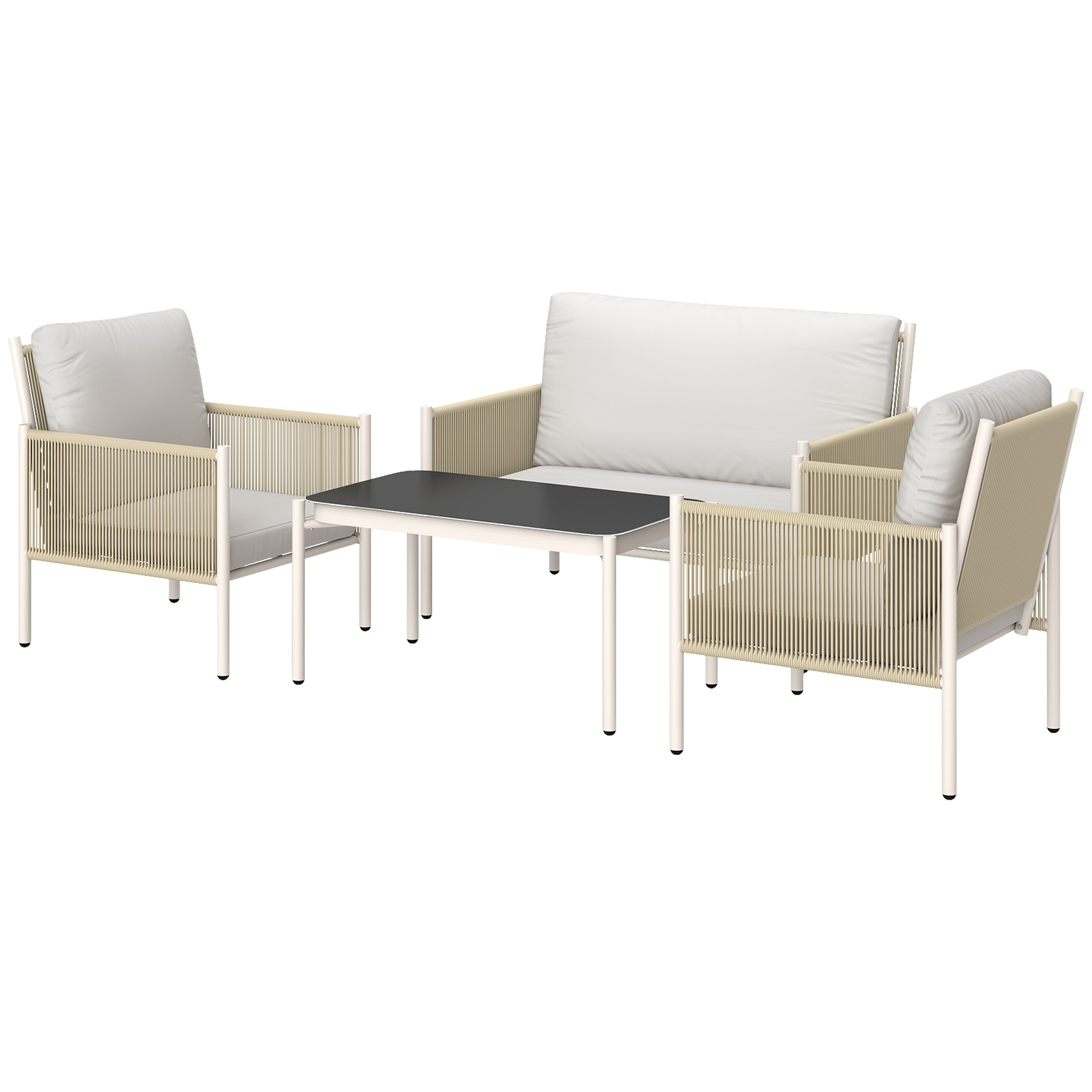 Gartenmöbel Set aus Polyrattan Lounge-Set mit 2er Sofa Sessel Glastisch Kissen 4 Personen Braun+Grau