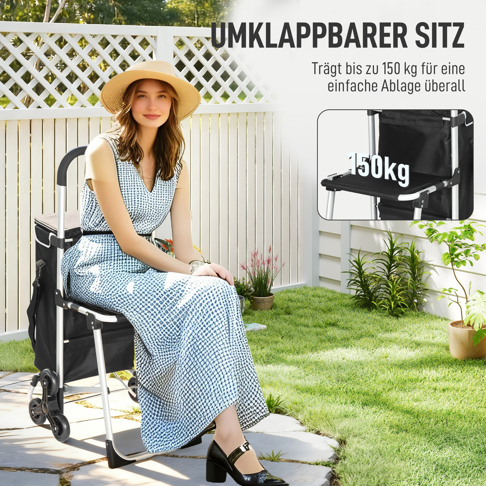 Einkaufstrolley, 40 L Oxford-Tasche, 3-Rad-Design, Aluminiumrahmen, Sitz, Grau