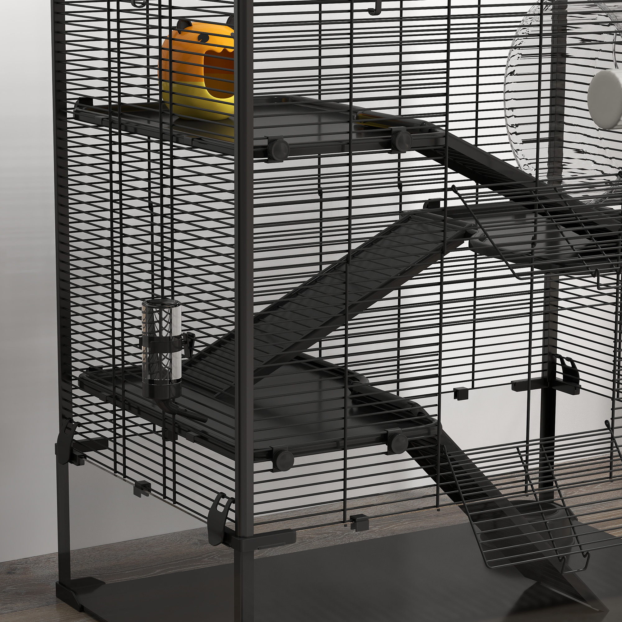 Hamsterkäfig mit Glasboden, 4-stufiges Hamstergehege mit Hütte und Zubehör, 78,5L x 48,5B x 80H cm, Schwarz