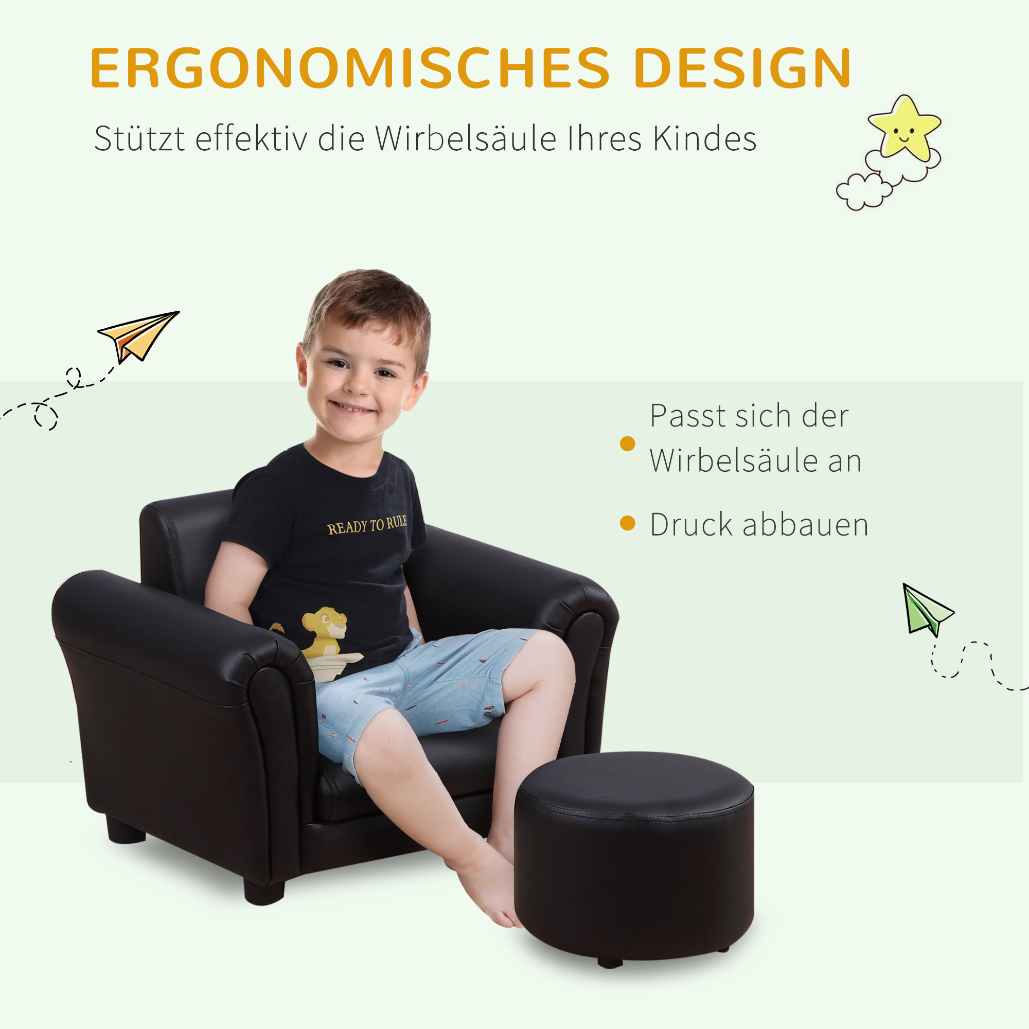 Kindersessel mit Fußhocker Kindercouch Kindersofa Minisofa für 1,5-3 Jahre Kinder Kindermöbel Holz Schwarz 54 x 42 x 41 cm
