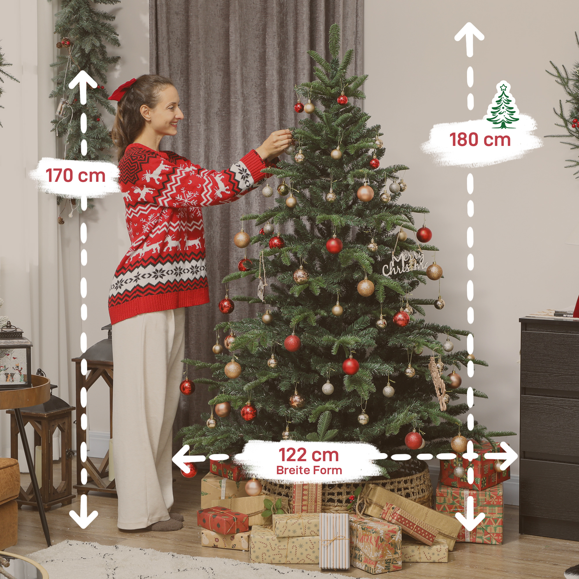 Künstlicher Weihnachtsbaum mit realistischen Zweigen, Kunst-Tannenbaum mit faltbarem Ständer, flammenhemmend, Kunststoff, Metall, Grün