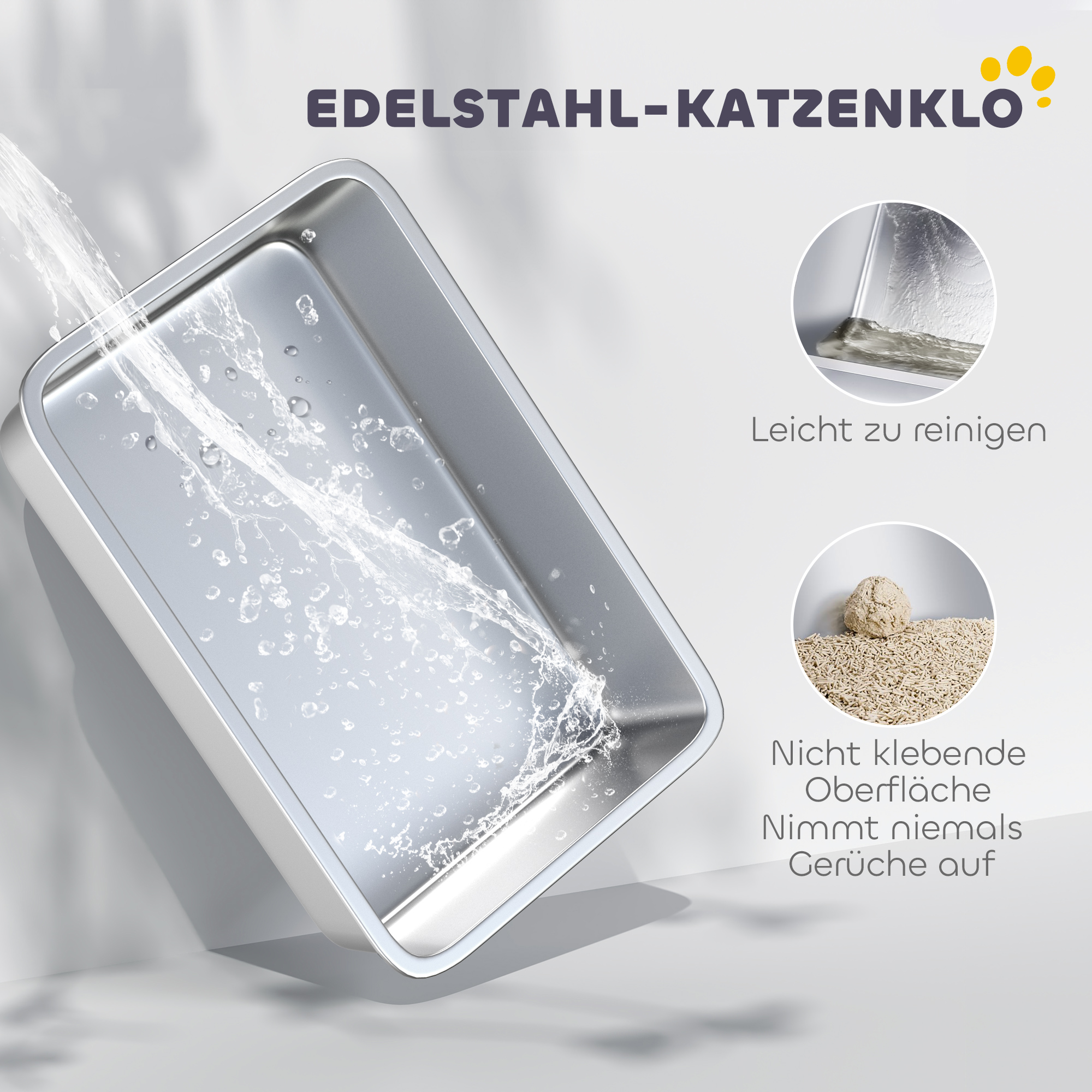 Katzentoilette Edelstahl Offene Katzenklo mit Schaufel hohem Rand Matte für Katzen bis 7 kg 60,2 x 40,2 x 29,5 cm, Grau