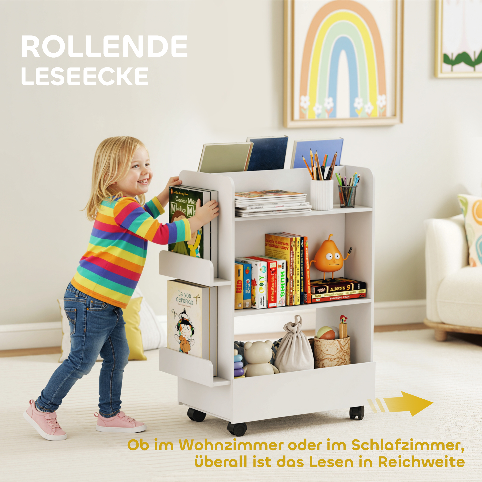 Kinder Bücherregal mit 4 Regalen, Bodenfach, 2 Seitenteile, Tafel, Rollen, für 3-8 Jahre, 66,5x32,5x86,5 cm Weiß