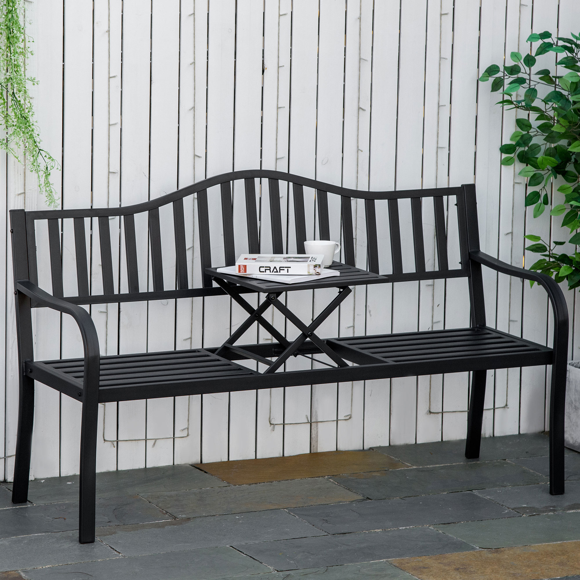2-Sitzer Gartenbank robust Parkbank mit ausziehbarem Tisch Sitzbank Bank 240kg belastbar Terrassenbank mit Rücken- & Armlehnen Gartenmöbel für Terrasse, Garten 150 x 58,5 x 90 cm Schwarz